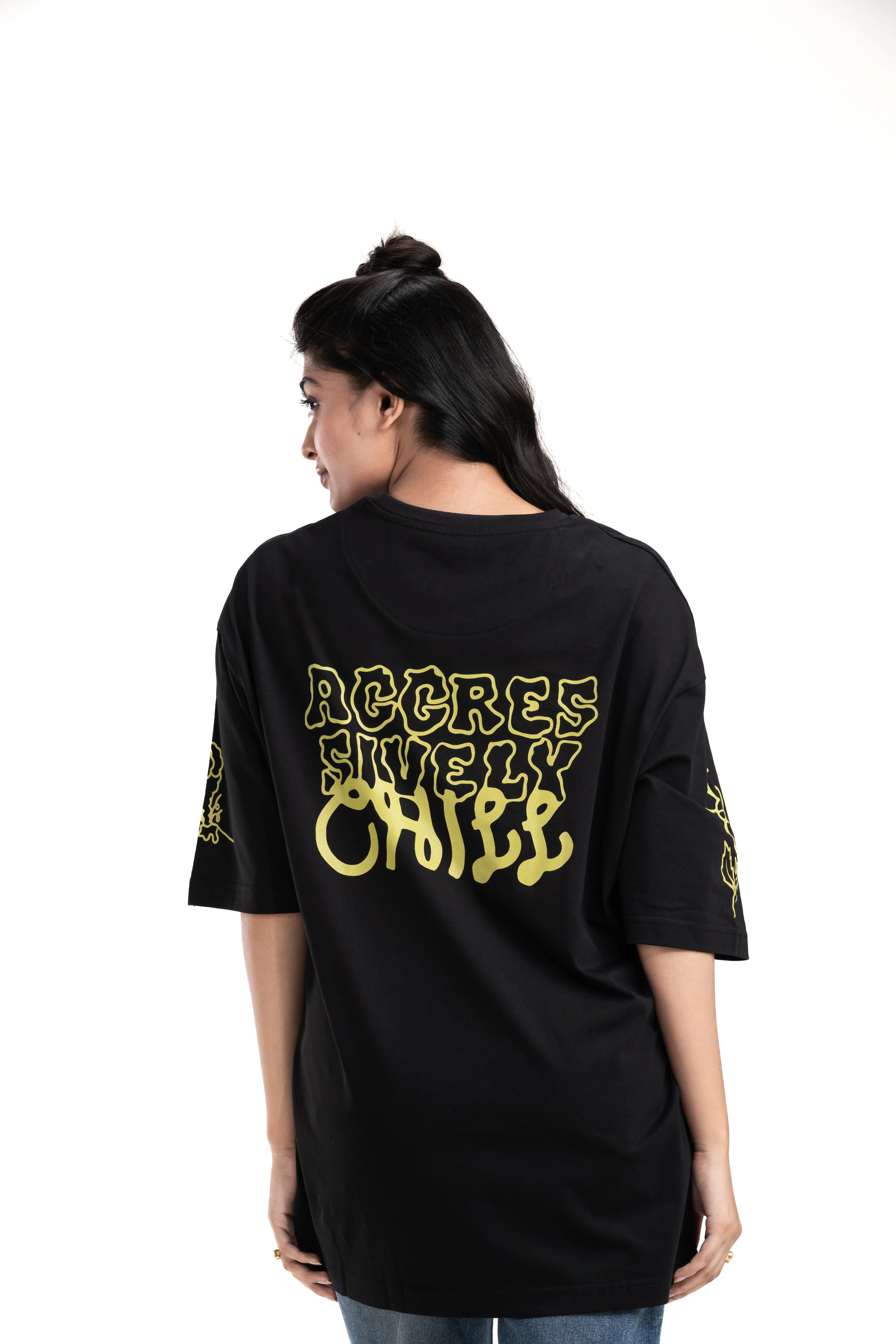 Aggressively Chill Black Unisex Oversized Printed T-Shirt - Image 3
