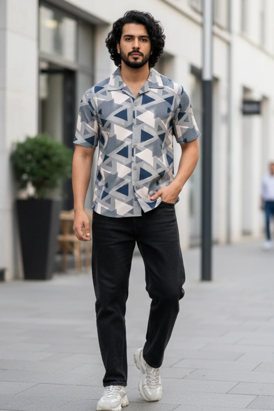 Bloom Breeze Grey Printed Corduroy Cuban Collar Half Sleeves Shirt - Image 4