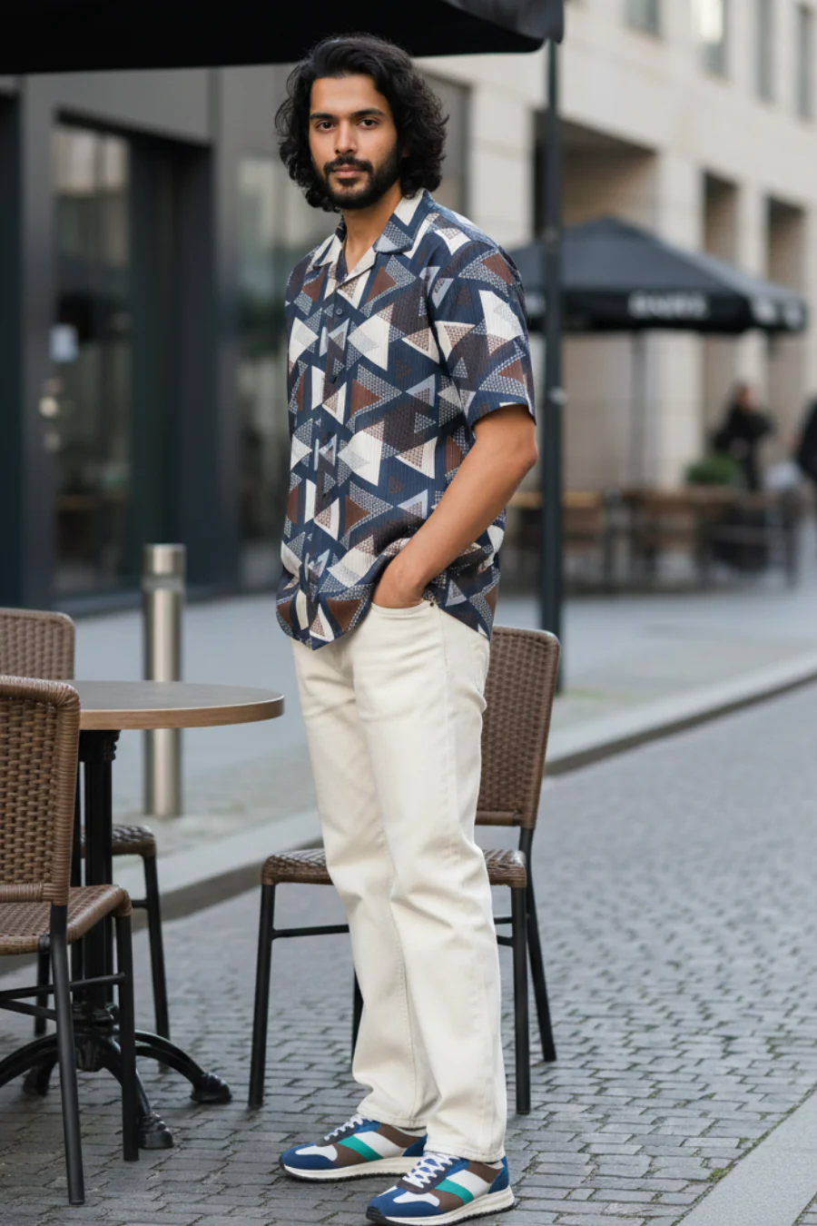 Bloom Breeze Navy Printed Corduroy Cuban Collar Half Sleeves Shirt - Image 3