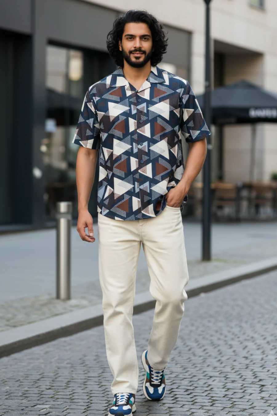 Bloom Breeze Navy Printed Corduroy Cuban Collar Half Sleeves Shirt - Image 5