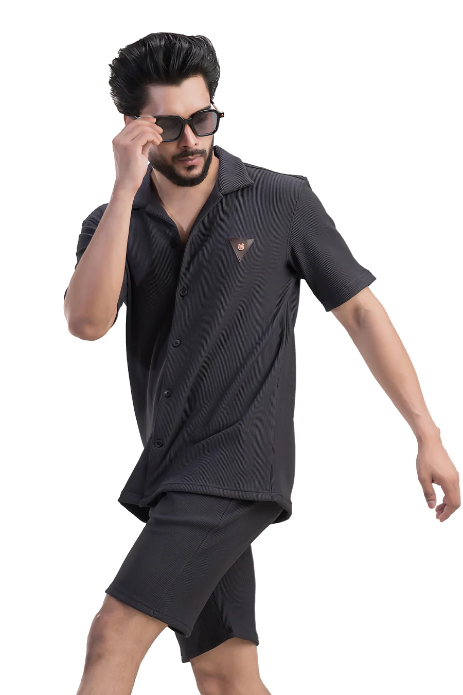 Cosmic Deep Charcoal Half Sleeves Shirt & Shorts Corduroy Co-Ord Set - Image 4