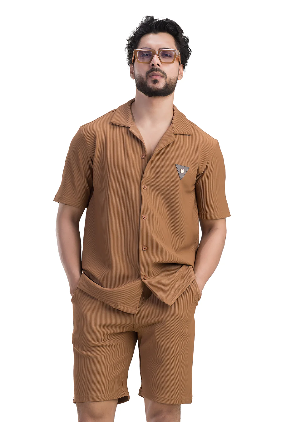 Cosmic Light Brown Half Sleeves Shirt & Shorts Corduroy Co-Ord Set - Image 4