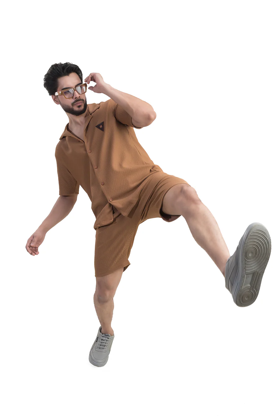 Cosmic Light Brown Half Sleeves Shirt & Shorts Corduroy Co-Ord Set - Image 6