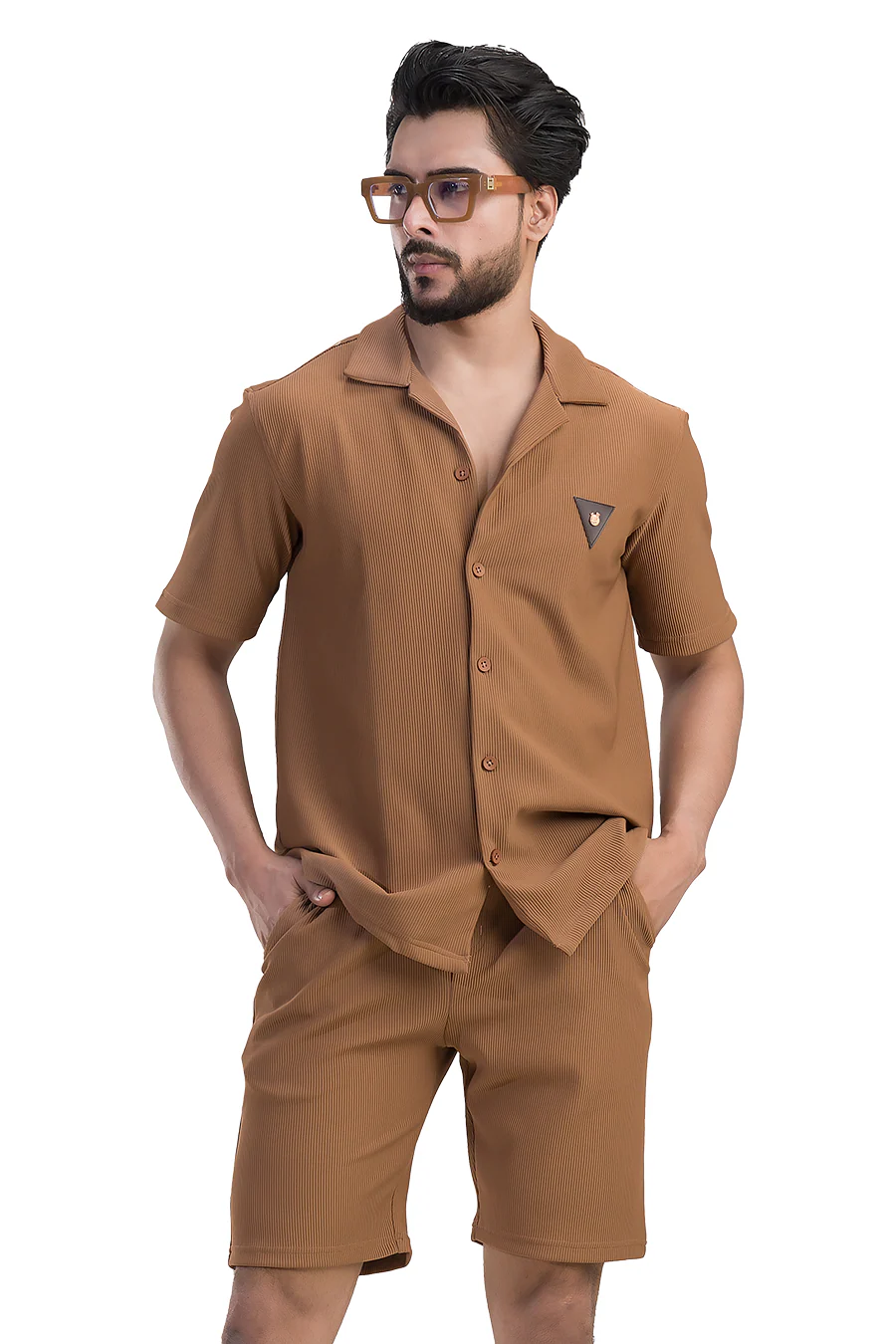 Cosmic Light Brown Half Sleeves Shirt & Shorts Corduroy Co-Ord Set - Image 7