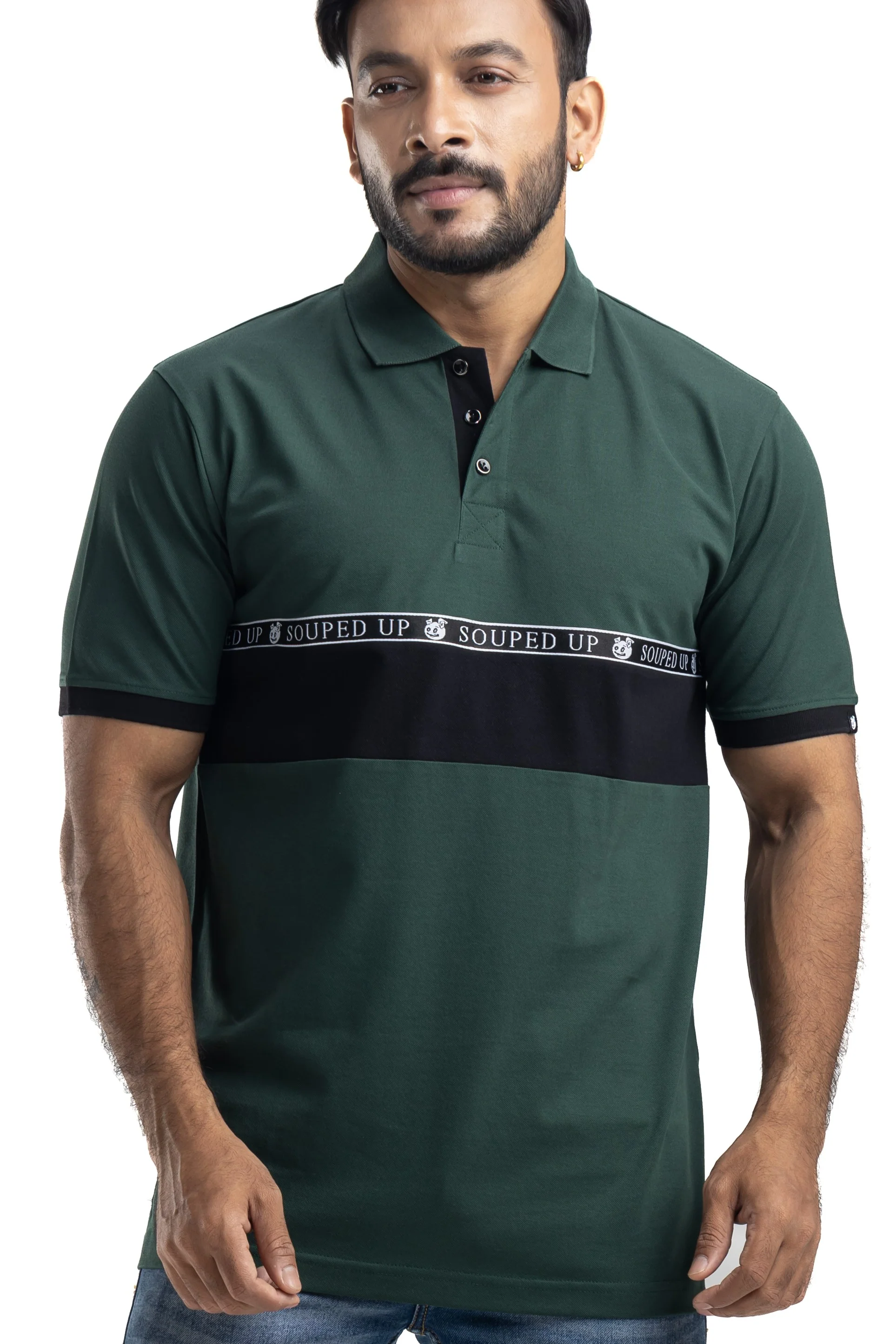 Cut & Sew Bottlegreen Half Sleeves Cotton Polo T-Shirt - Image 4