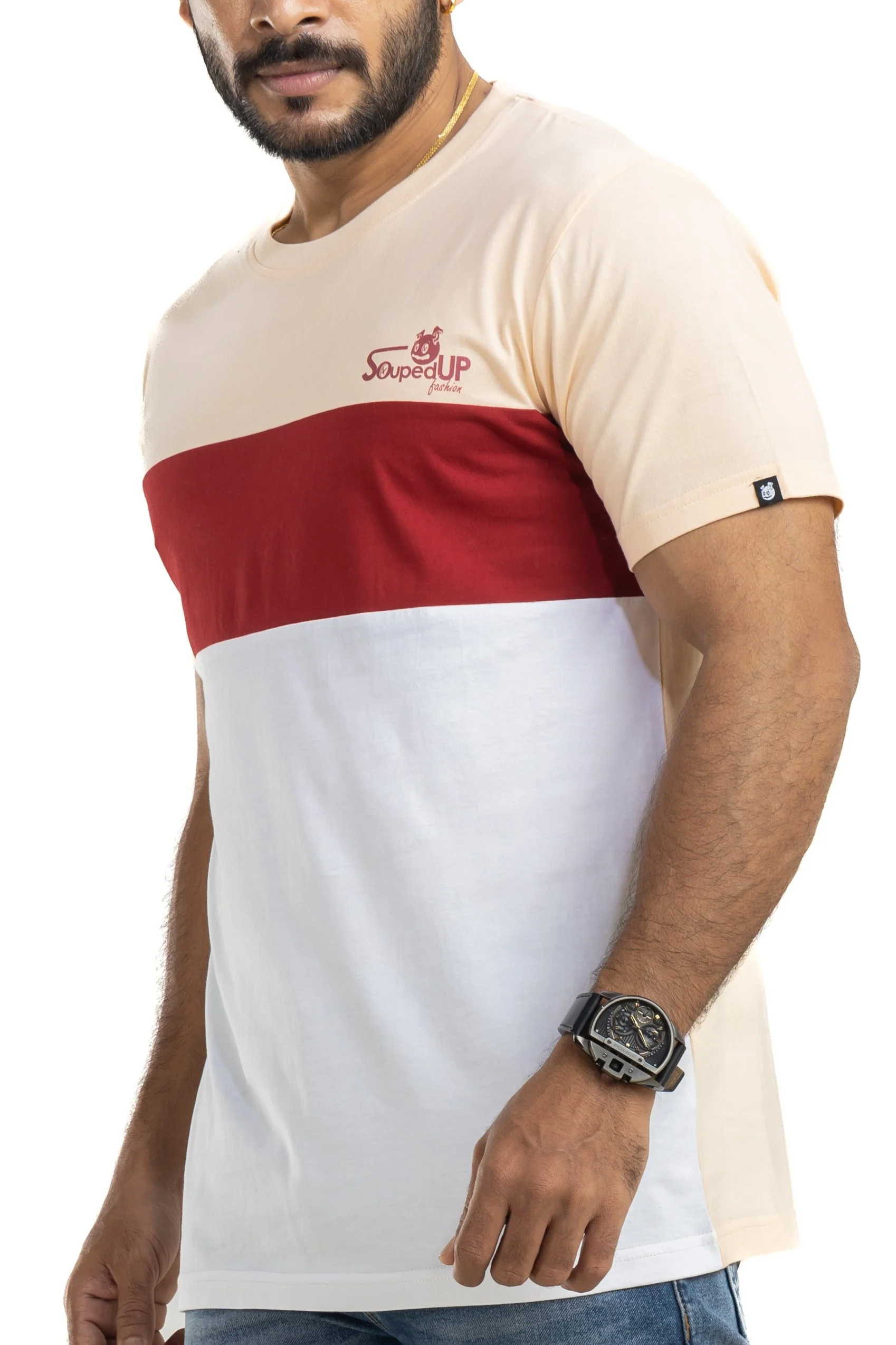 Cut & Sew Peach, Maroon & White Basic T-Shirt - Image 6