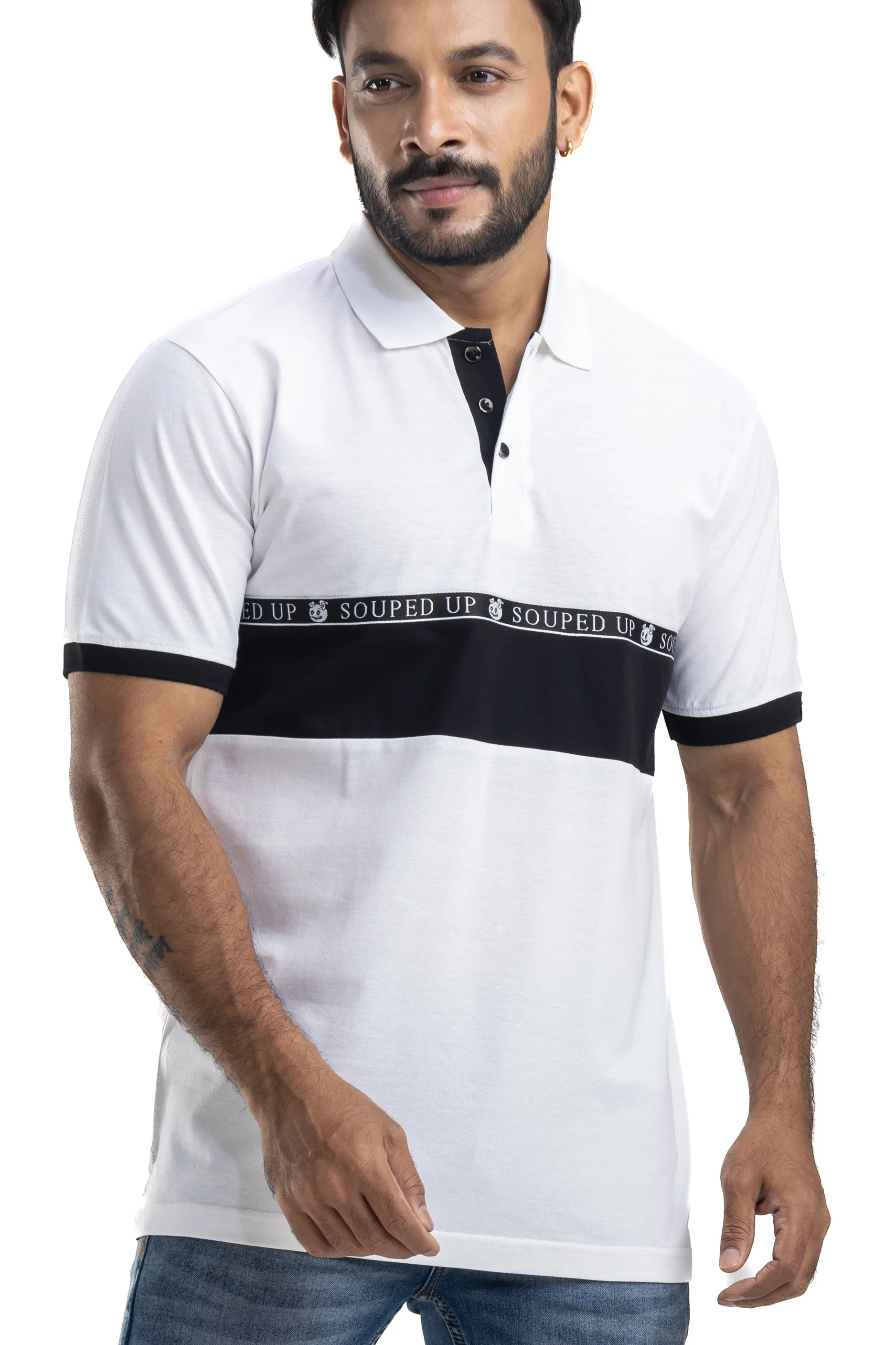 Cut & Sew White Half Sleeves Cotton Polo T-Shirt - Image 4