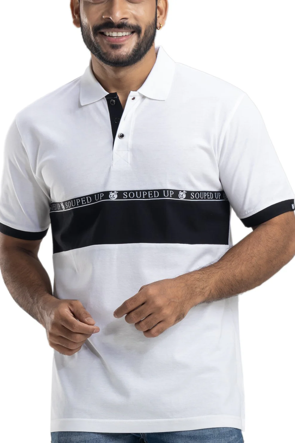Cut & Sew White Half Sleeves Cotton Polo T-Shirt - Image 5
