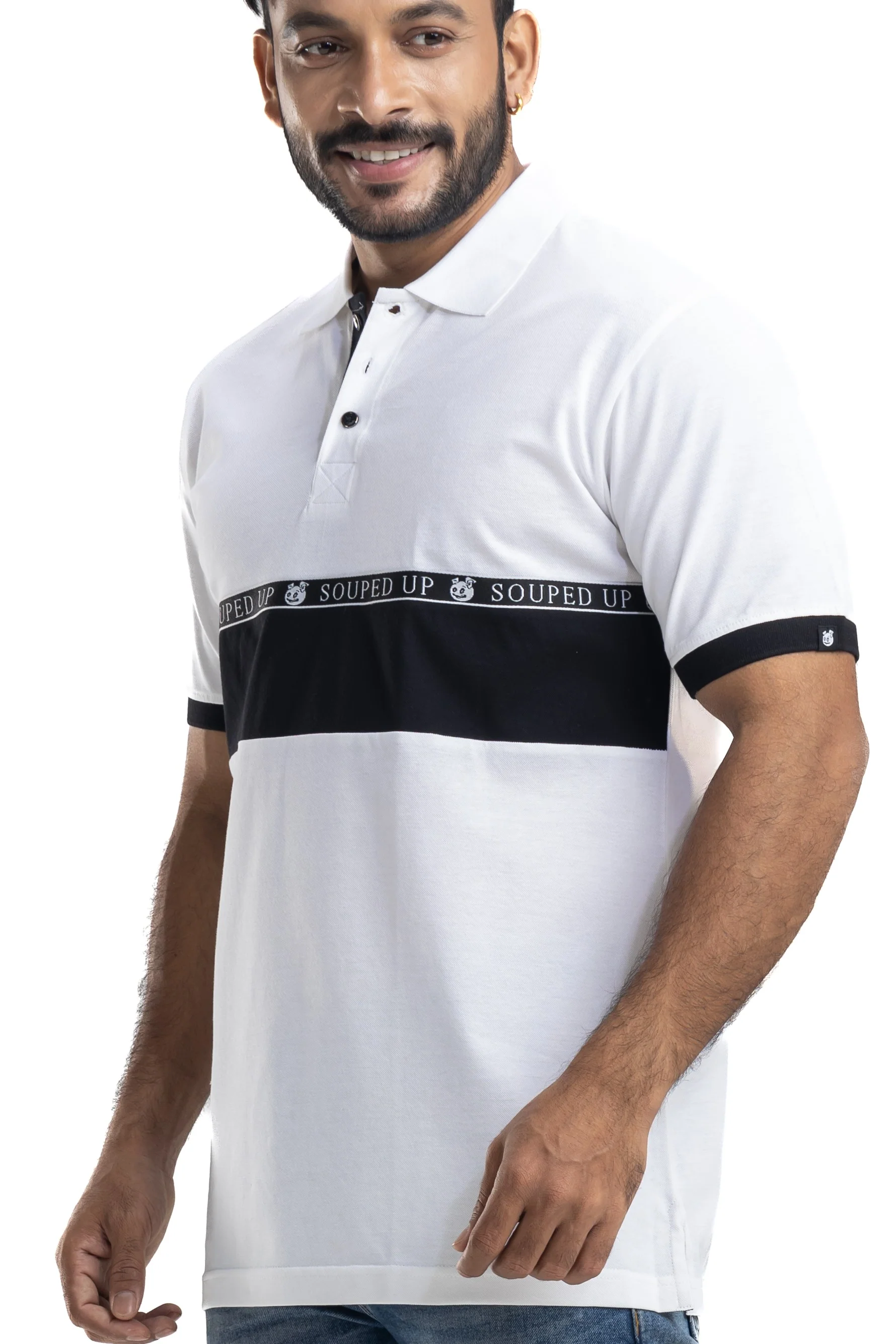 Cut & Sew White Half Sleeves Cotton Polo T-Shirt - Image 6