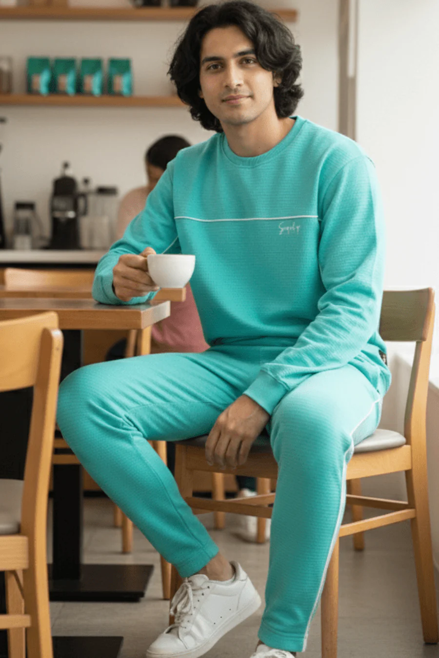 Dapper Tranquil Turquoise Cotton Sweatshirt & Joggers Co-Ord Set - Image 4