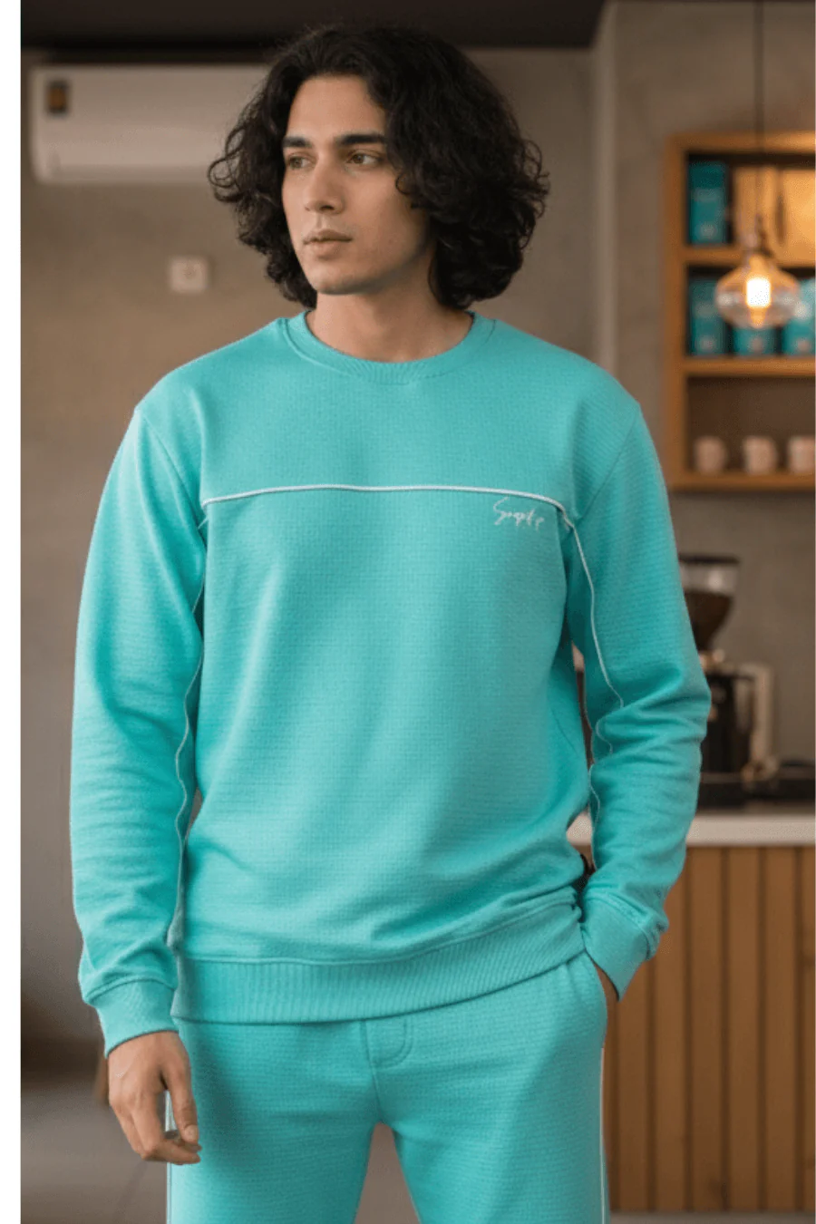 Dapper Tranquil Turquoise Cotton Sweatshirt & Joggers Co-Ord Set - Image 5