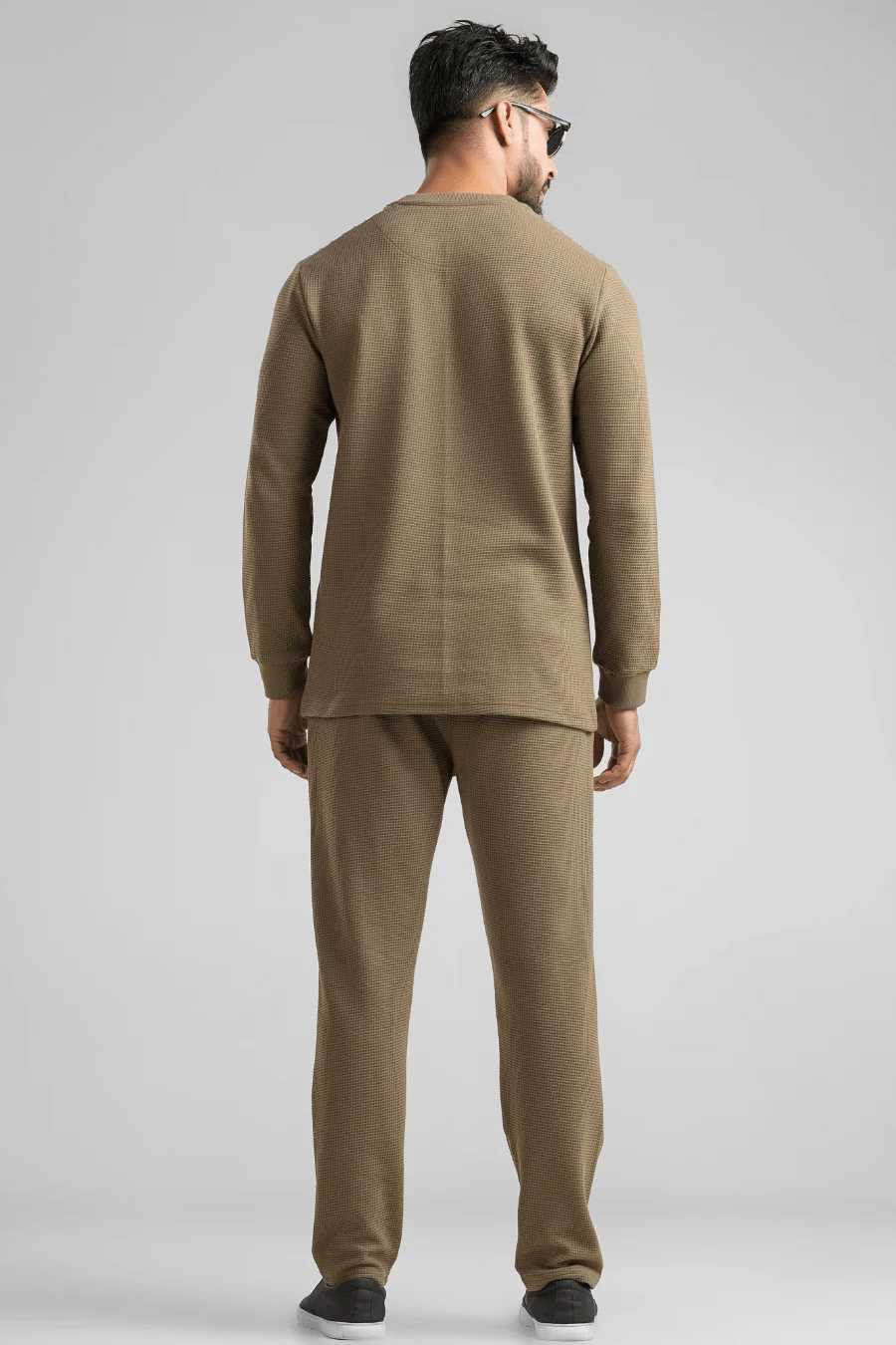 Dark Olive Waffle Knit Structured Co-Ord Set | Full T-Shirt & Pant - Image 4
