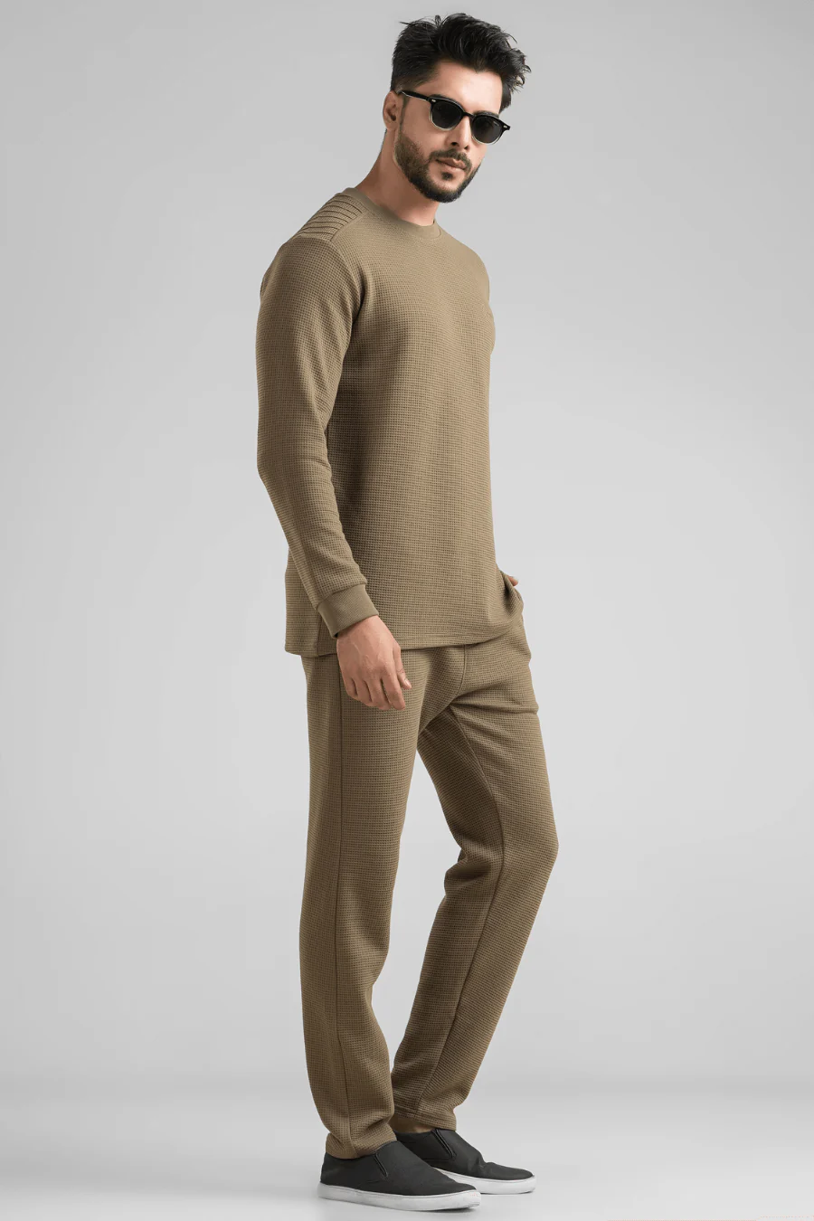 Dark Olive Waffle Knit Structured Co-Ord Set | Full T-Shirt & Pant - Image 6