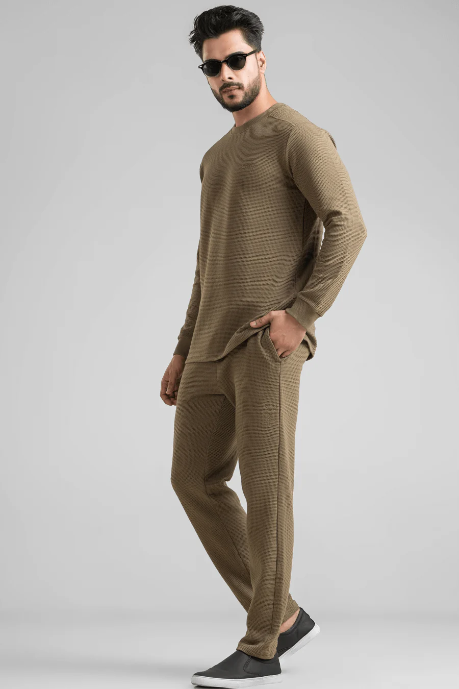 Dark Olive Waffle Knit Structured Co-Ord Set | Full T-Shirt & Pant - Image 7