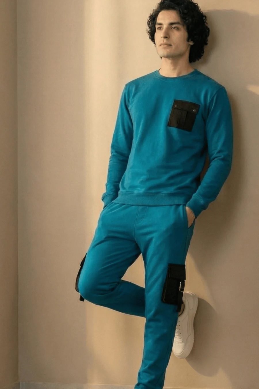 Elite Urbane Teal Cotton Elastane Sweatshirt & Joggers Co-Ord Set - Image 4