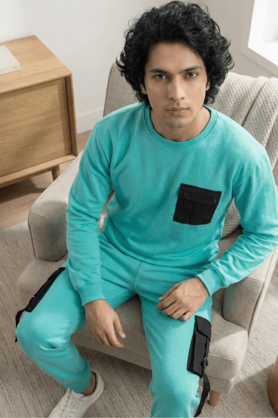 Elite Urbane Blue Turquoise Cotton Elastane Sweatshirt & Joggers Co-Ord Set - Image 3