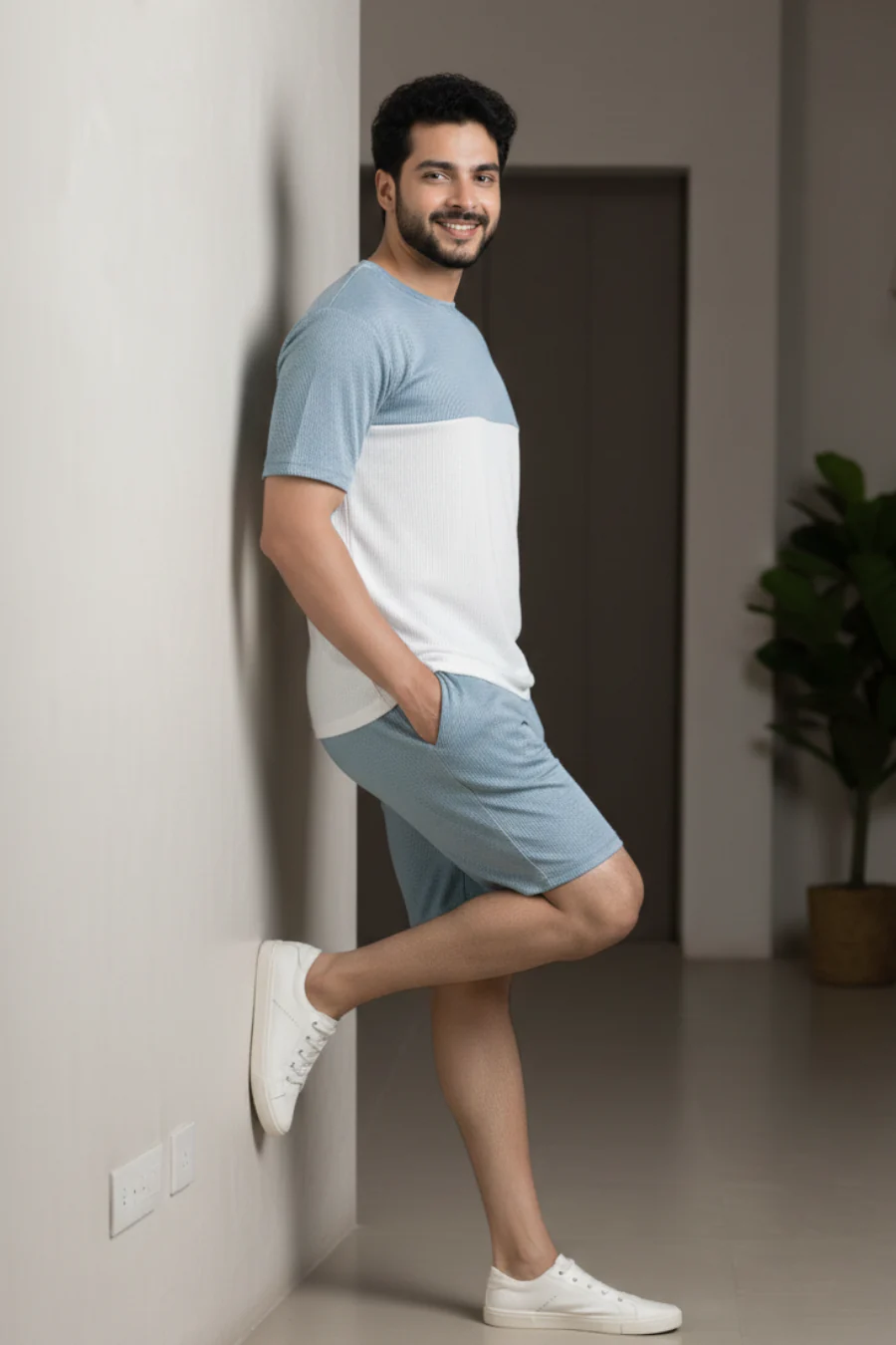 Essence Mint Blue & White Half Sleeves Tee & Shorts Co-Ord Set - Image 4