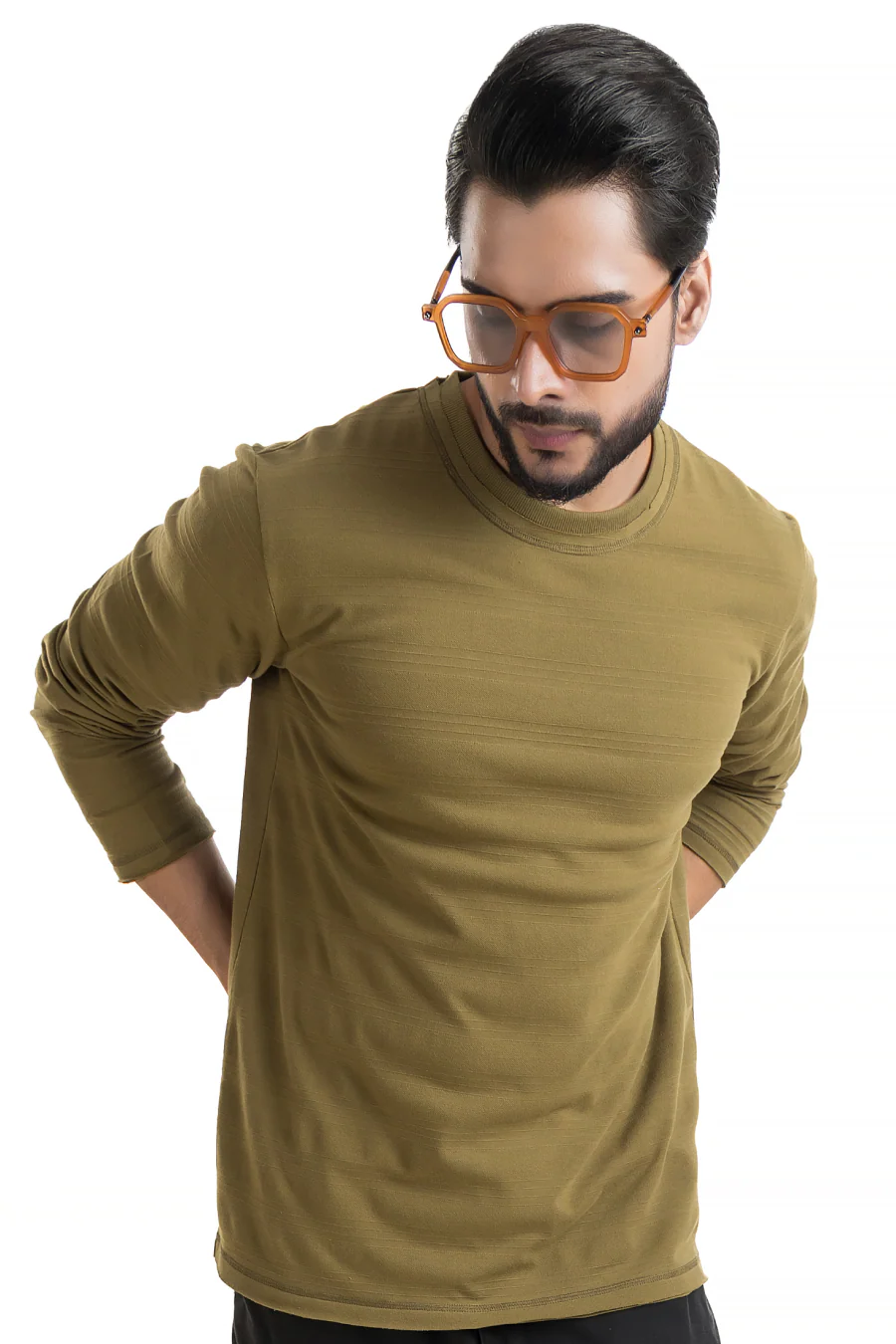 Evoque Textured Full-Sleeve Olive T-Shirt – Raw Edge in Structured Fabric - Image 5