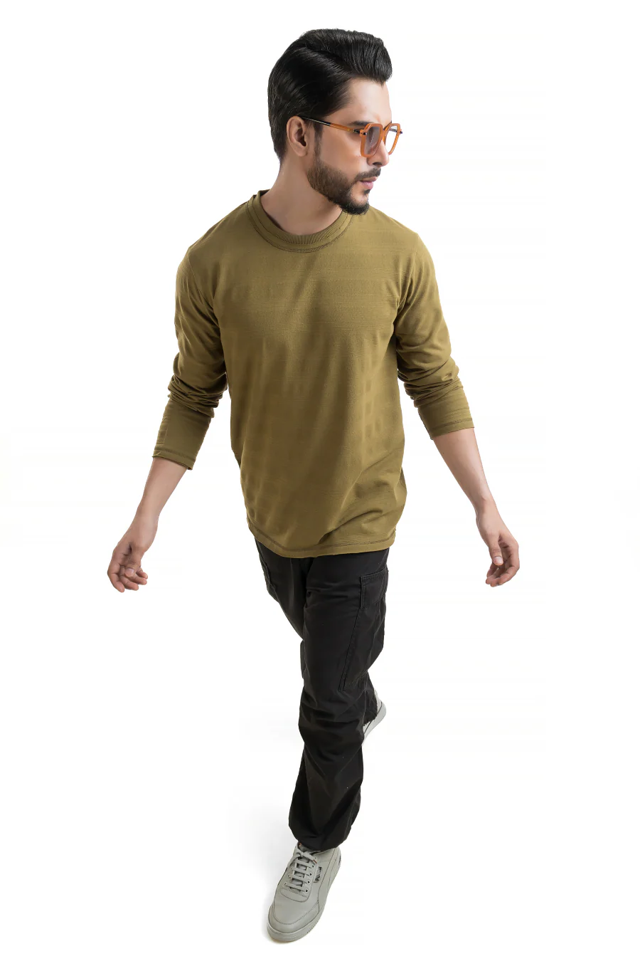 Evoque Textured Full-Sleeve Olive T-Shirt – Raw Edge in Structured Fabric - Image 6