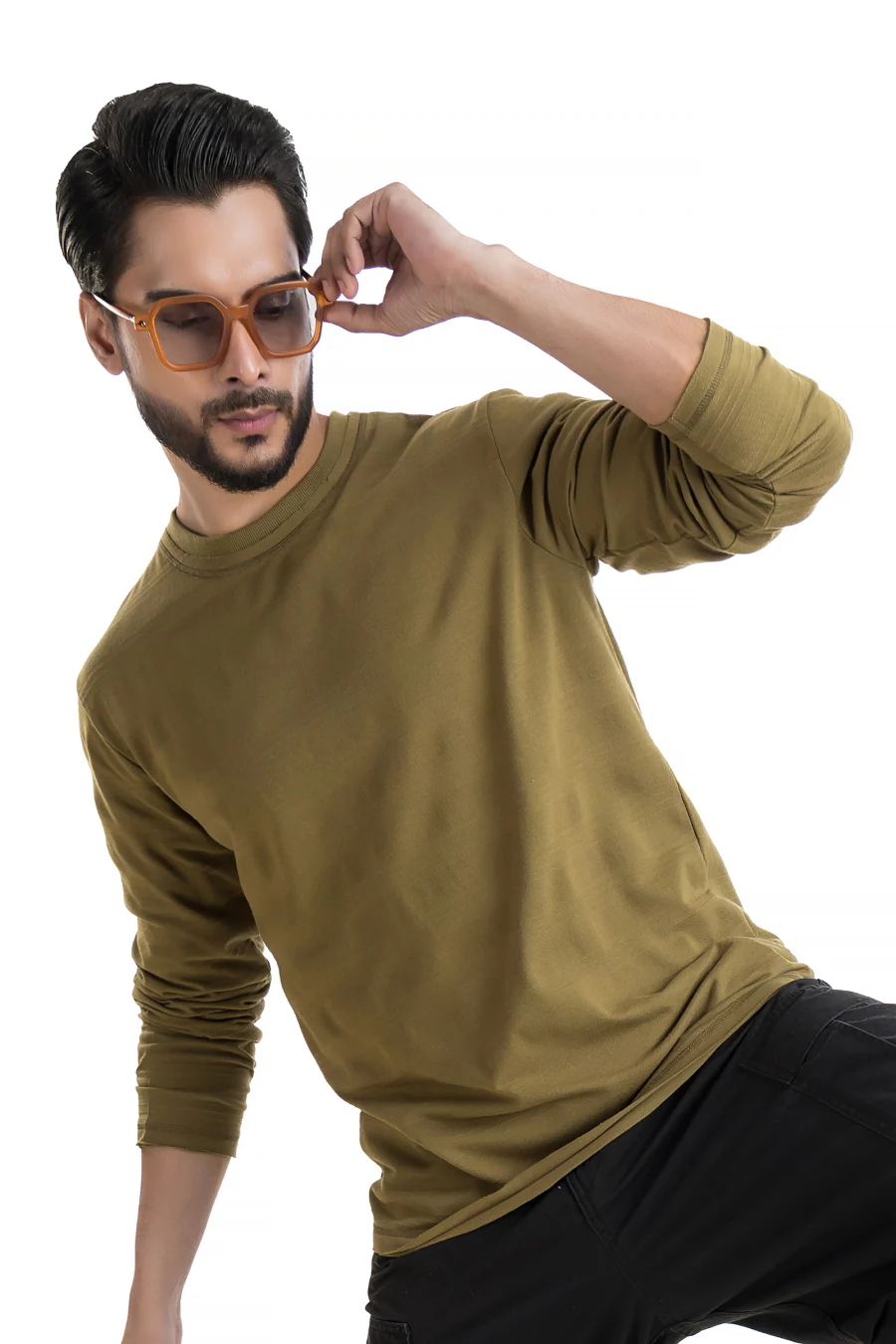 Evoque Textured Full-Sleeve Olive T-Shirt – Raw Edge in Structured Fabric - Image 7