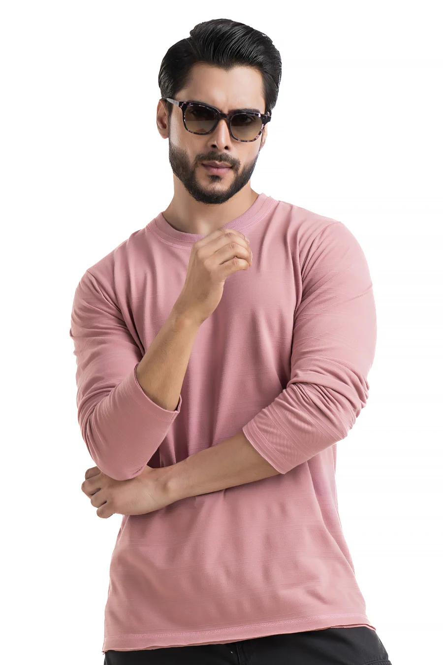 Evoque Textured Full-Sleeve Peach T-Shirt – Raw Edge in Structured Fabric - Image 4