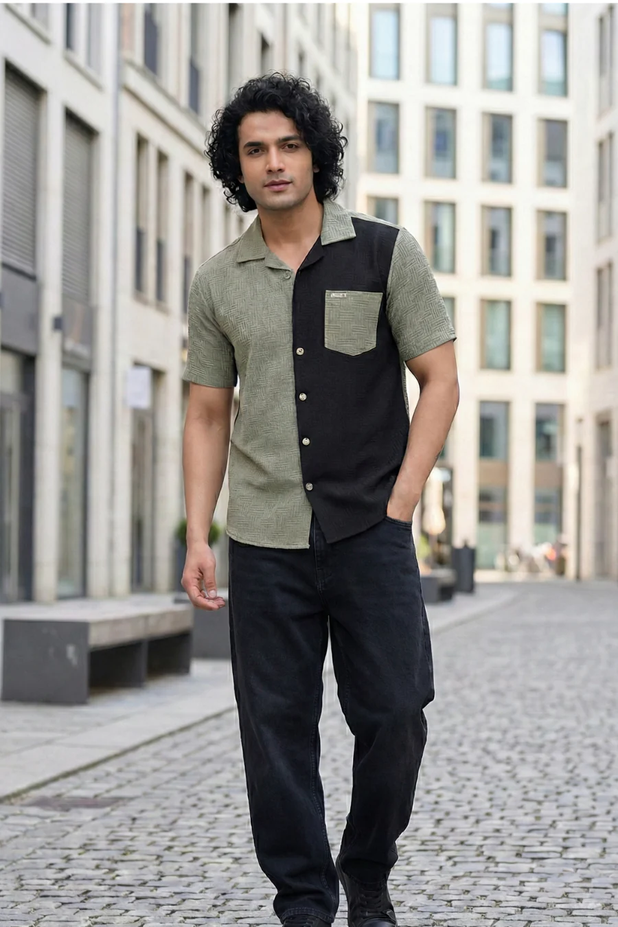 Fusion Flare Black & Olive Dual Color Half Sleeves Shirt - Image 4