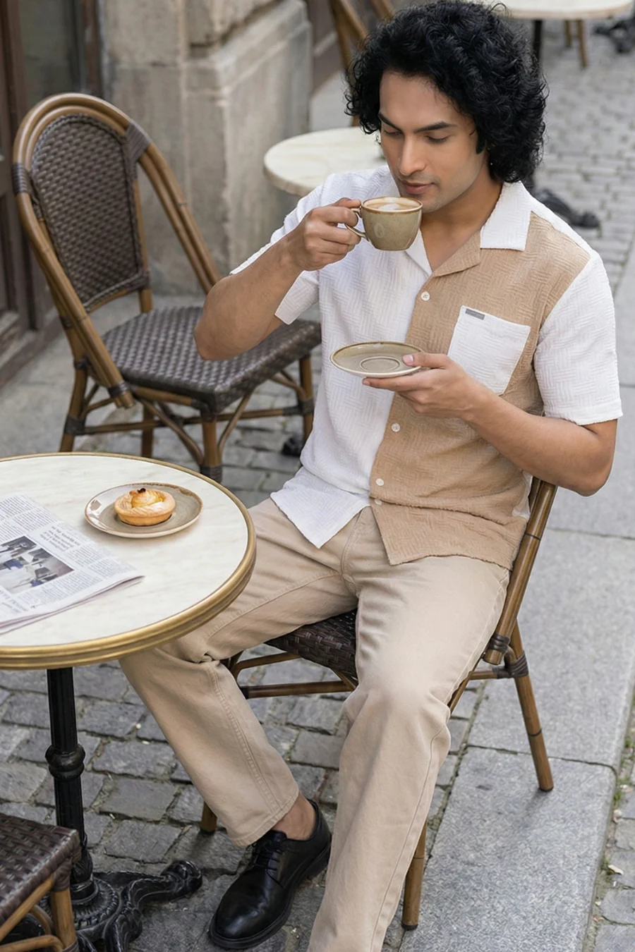 Fusion Flare White & Beige Dual Color Half Sleeves Shirt - Image 4