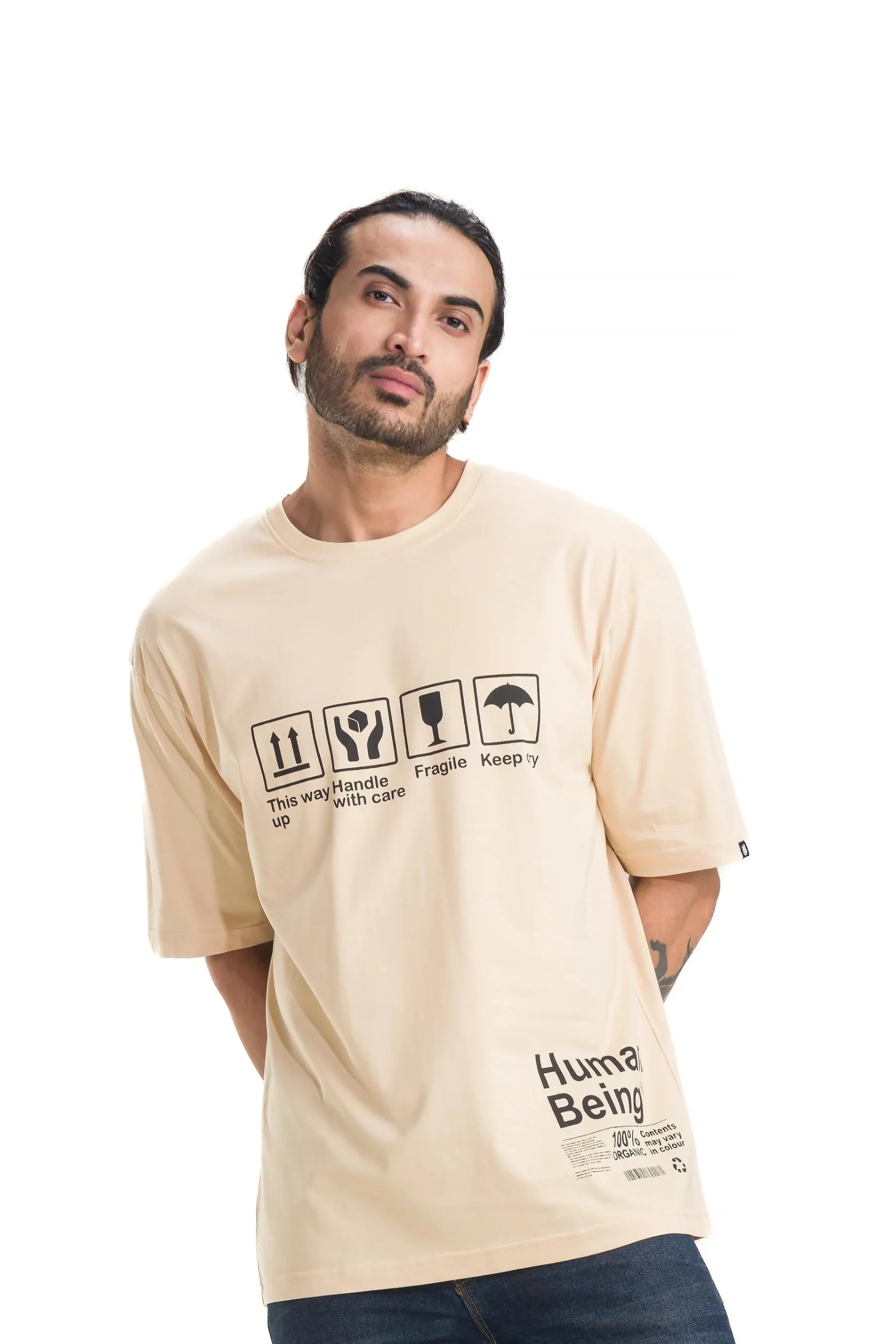 Handle with Care Beige Unisex Oversized Printed T-Shirt - Image 3