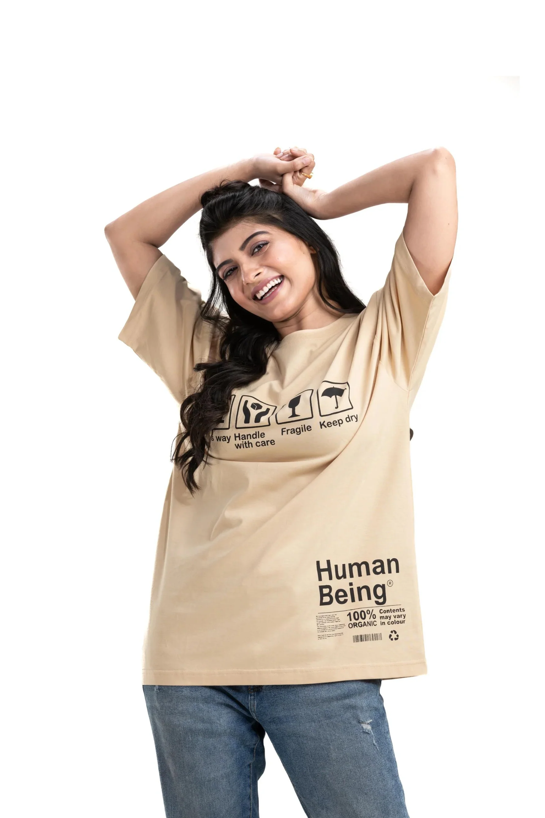 Handle with Care Beige Unisex Oversized Printed T-Shirt - Image 4
