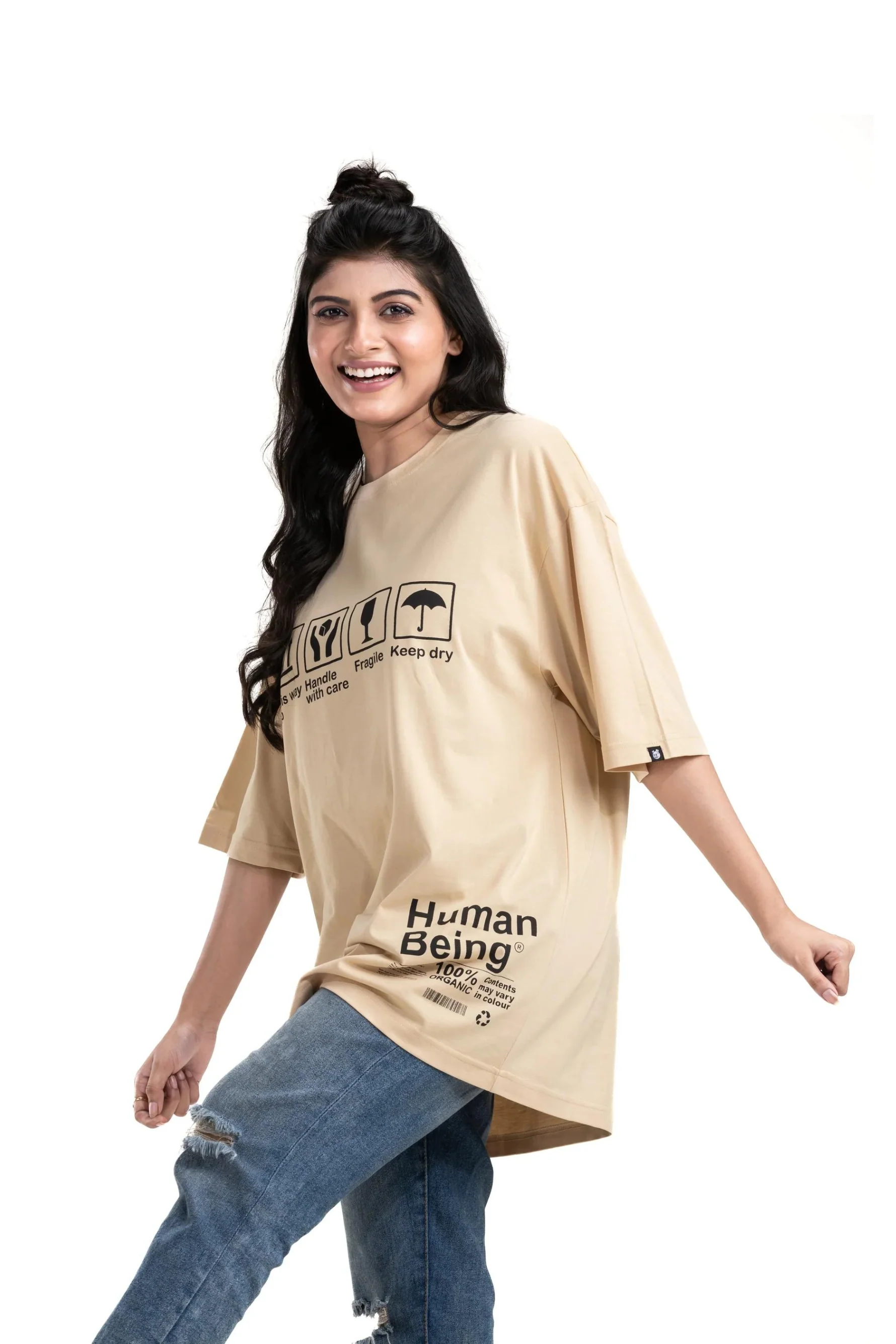 Handle with Care Beige Unisex Oversized Printed T-Shirt - Image 6