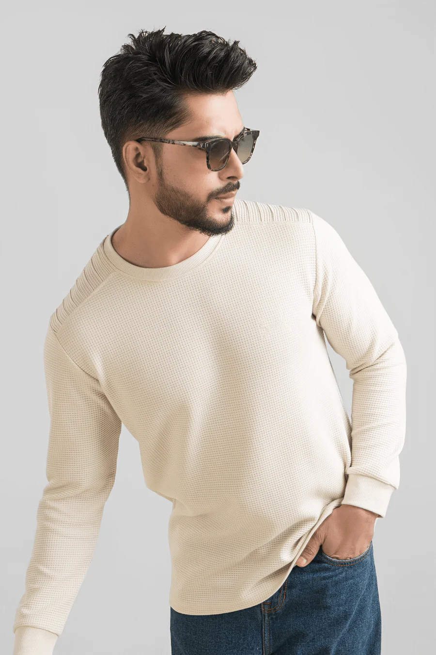 Haven Light Beige Full Sleeves Waffle Knit T-Shirt - Image 4