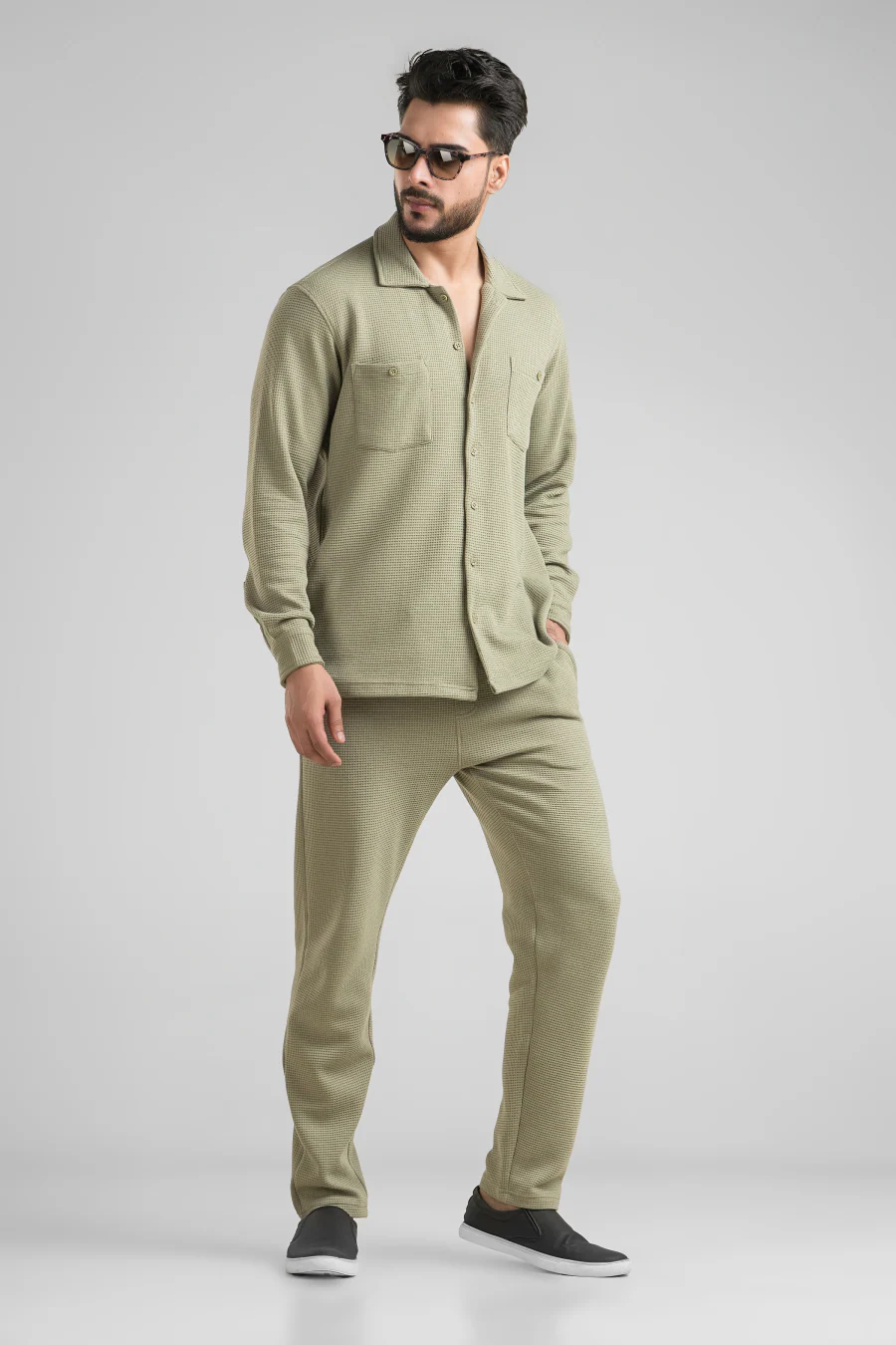 Haven Sage Green Full Sleeves Waffle Knit Shacket - Image 4