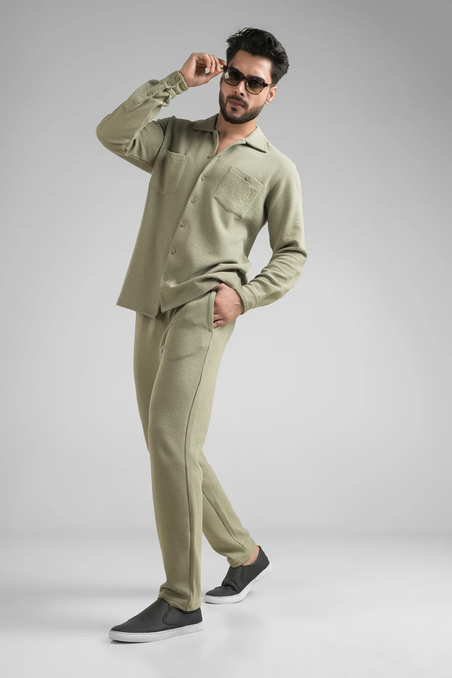 Haven Sage Green Full Sleeves Waffle Knit Shacket - Image 5