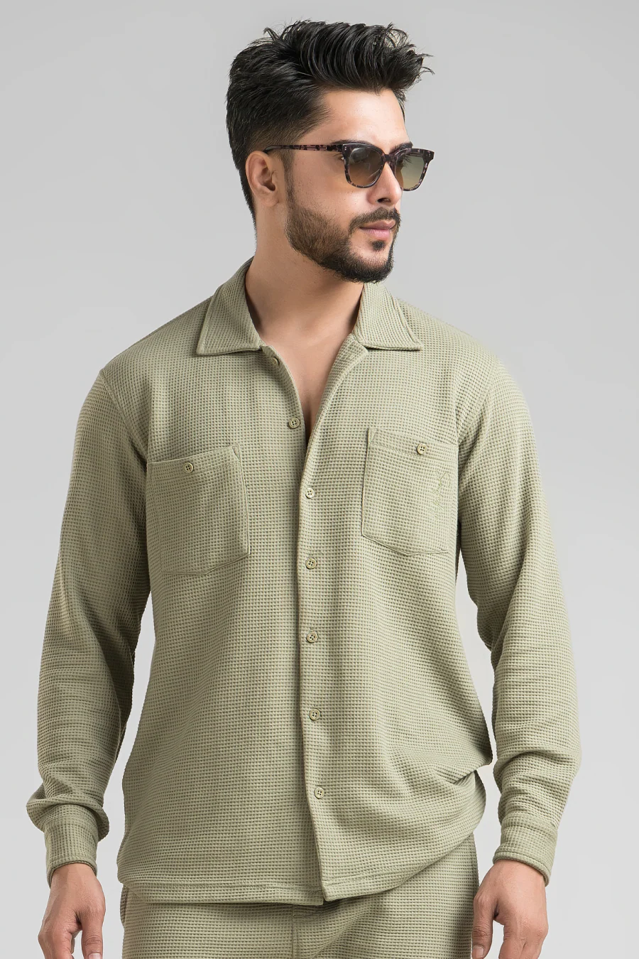 Haven Sage Green Full Sleeves Waffle Knit Shacket - Image 6