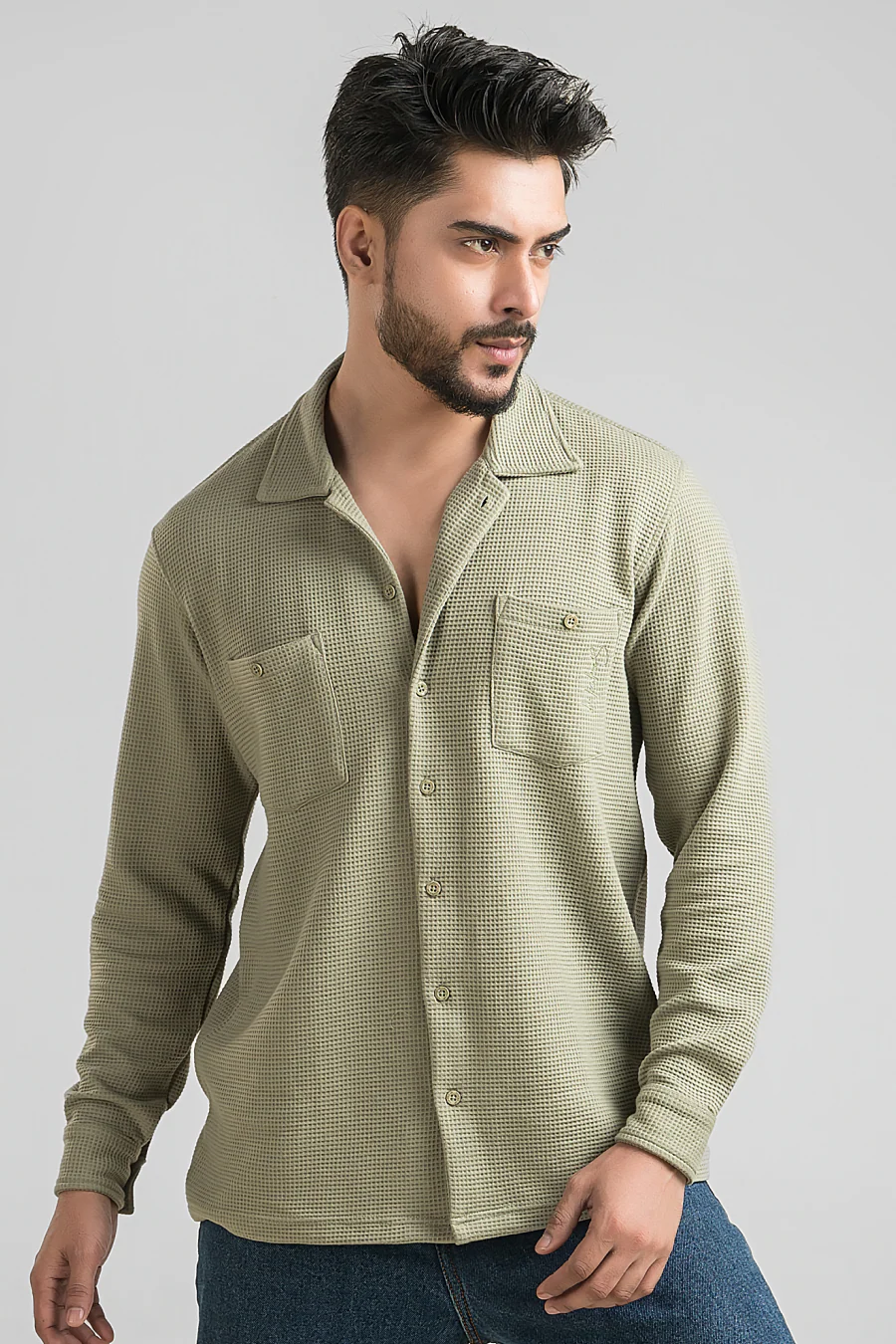Haven Sage Green Full Sleeves Waffle Knit Shacket - Image 7