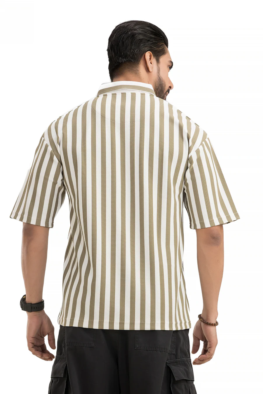 Imperial Olive Striped Off Shoulder Polo T-Shirt - Image 3