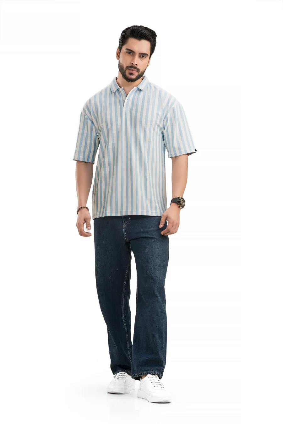 Imperial Sky Blue Striped Off Shoulder Polo T-Shirt - Image 5