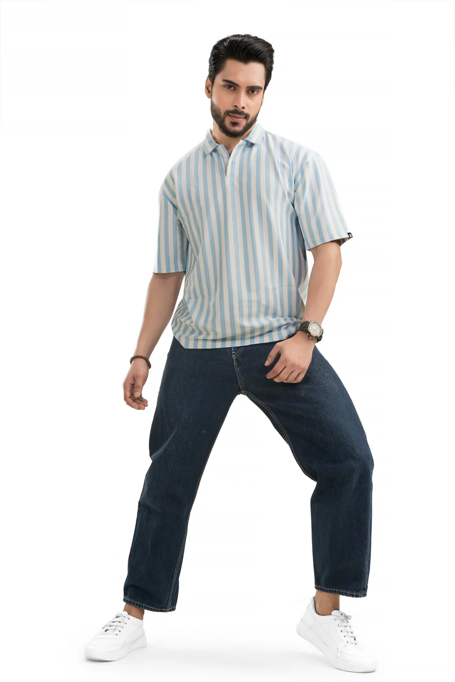 Imperial Sky Blue Striped Off Shoulder Polo T-Shirt - Image 7
