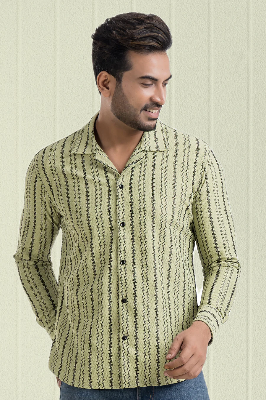 Impulse Pista Green Full-Sleeve Printed Zigzag Cuban Collar Shirt