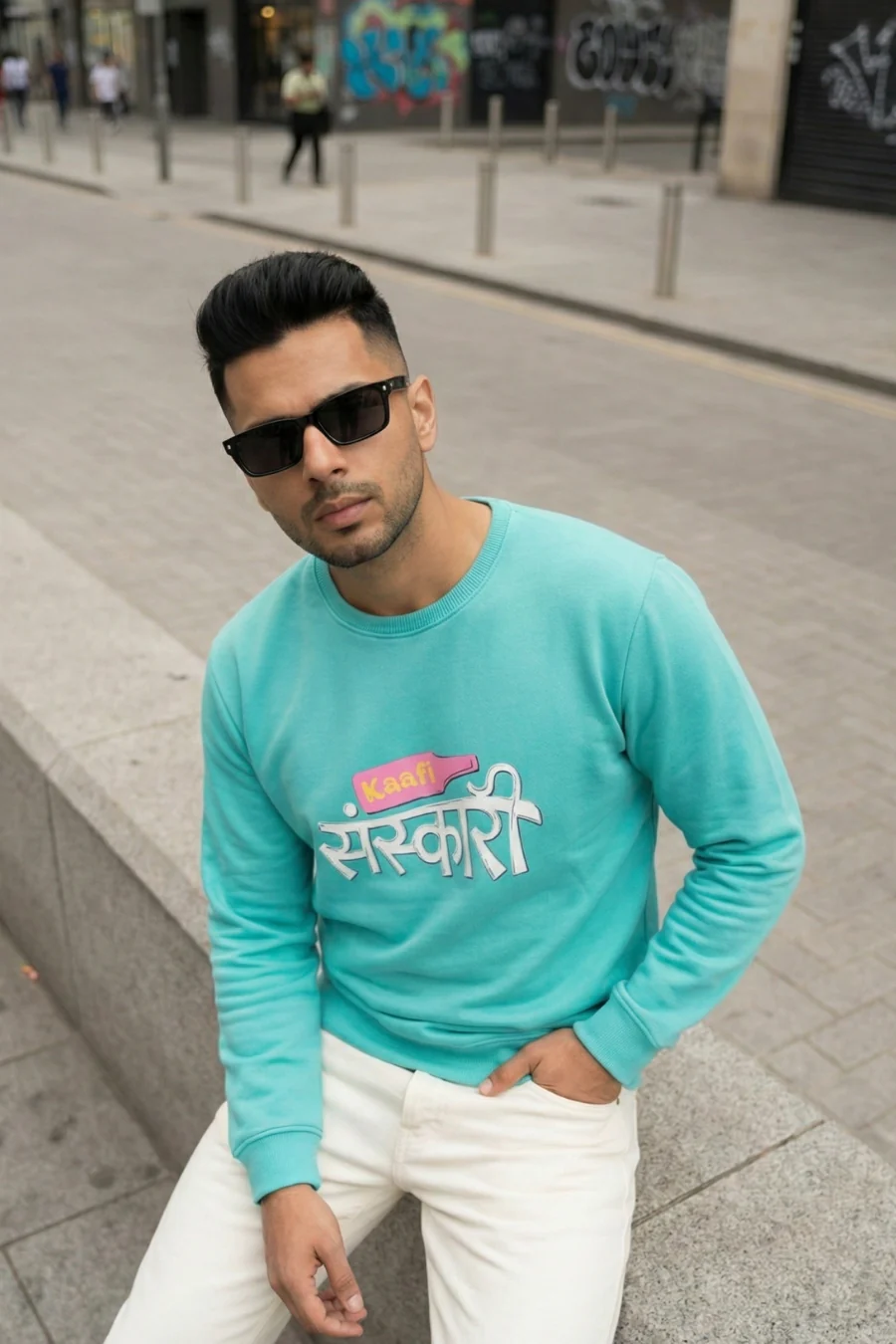 Kaafi Sanskari Turquoise Printed Full Sleeves Unisex Sweatshirt - Image 4
