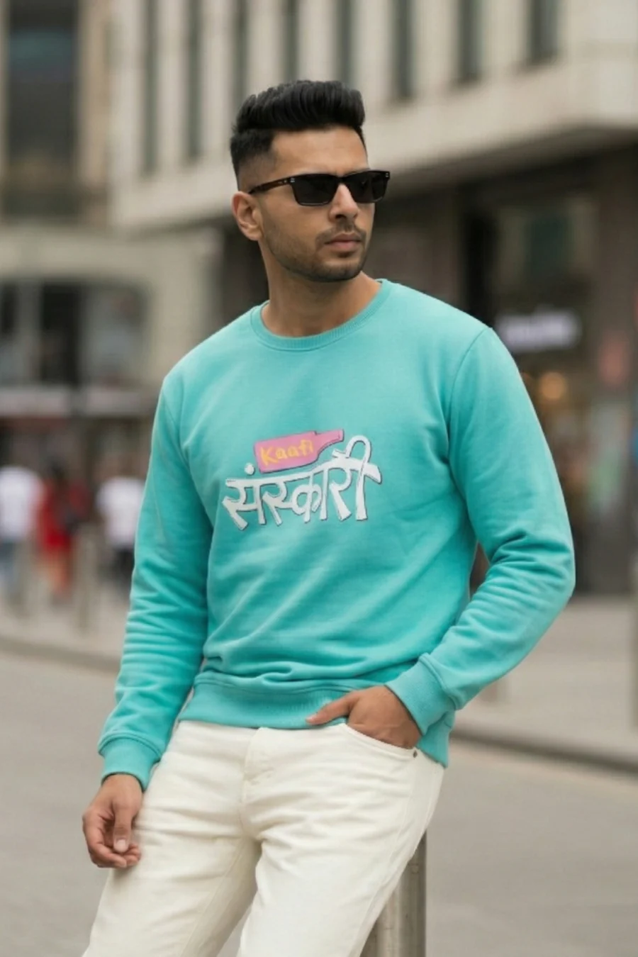 Kaafi Sanskari Turquoise Printed Full Sleeves Unisex Sweatshirt - Image 5