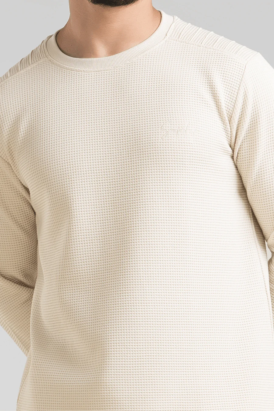 Light Beige Waffle Knit Structured Co-Ord Set | Full T-Shirt & Pant - Image 2