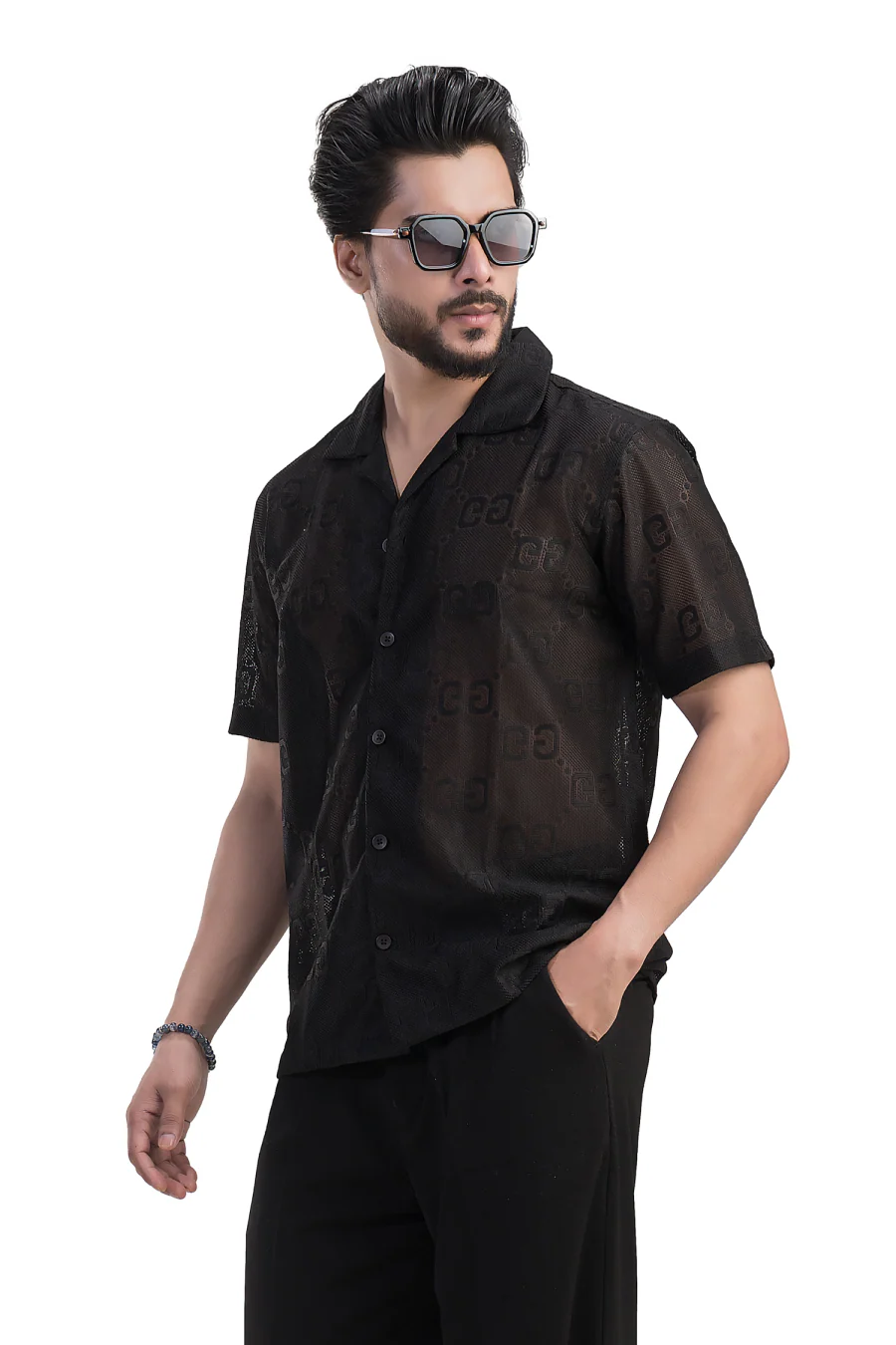 Lumina Black Cuban Collared Crochet Half Sleeves Shirt - Image 4