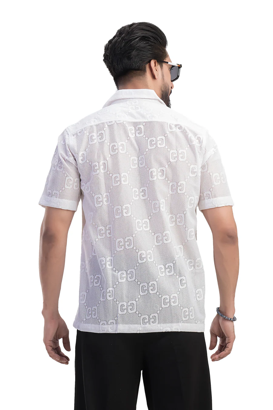 Lumina White Cuban Collared Crochet Half Sleeves Shirt - Image 3