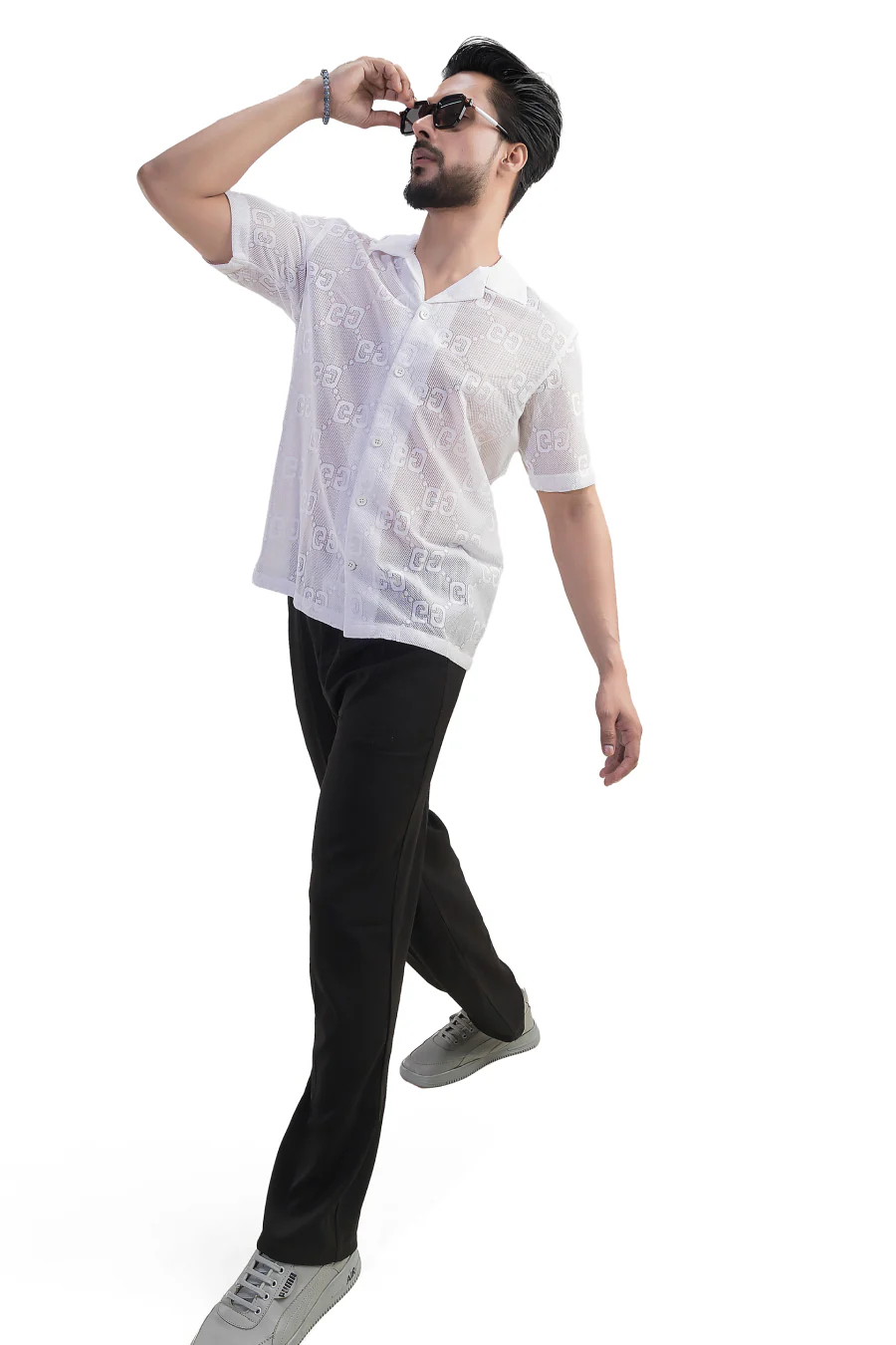 Lumina White Cuban Collared Crochet Half Sleeves Shirt - Image 5
