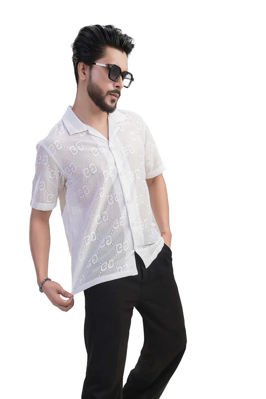 Lumina White Cuban Collared Crochet Half Sleeves Shirt - Image 6