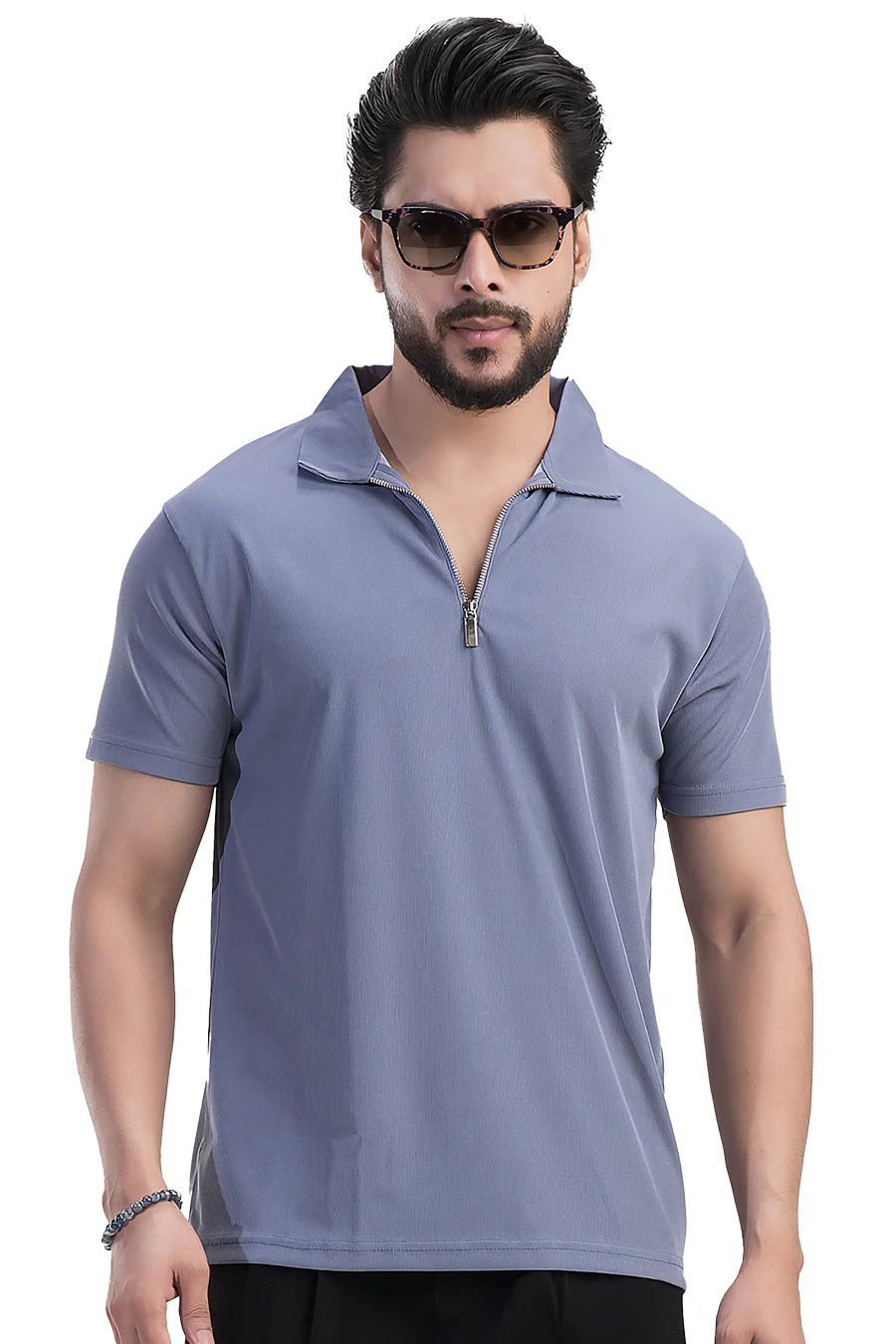 Opulent Solid Steel Blue Half Sleeves Polo T-shirt - Image 6