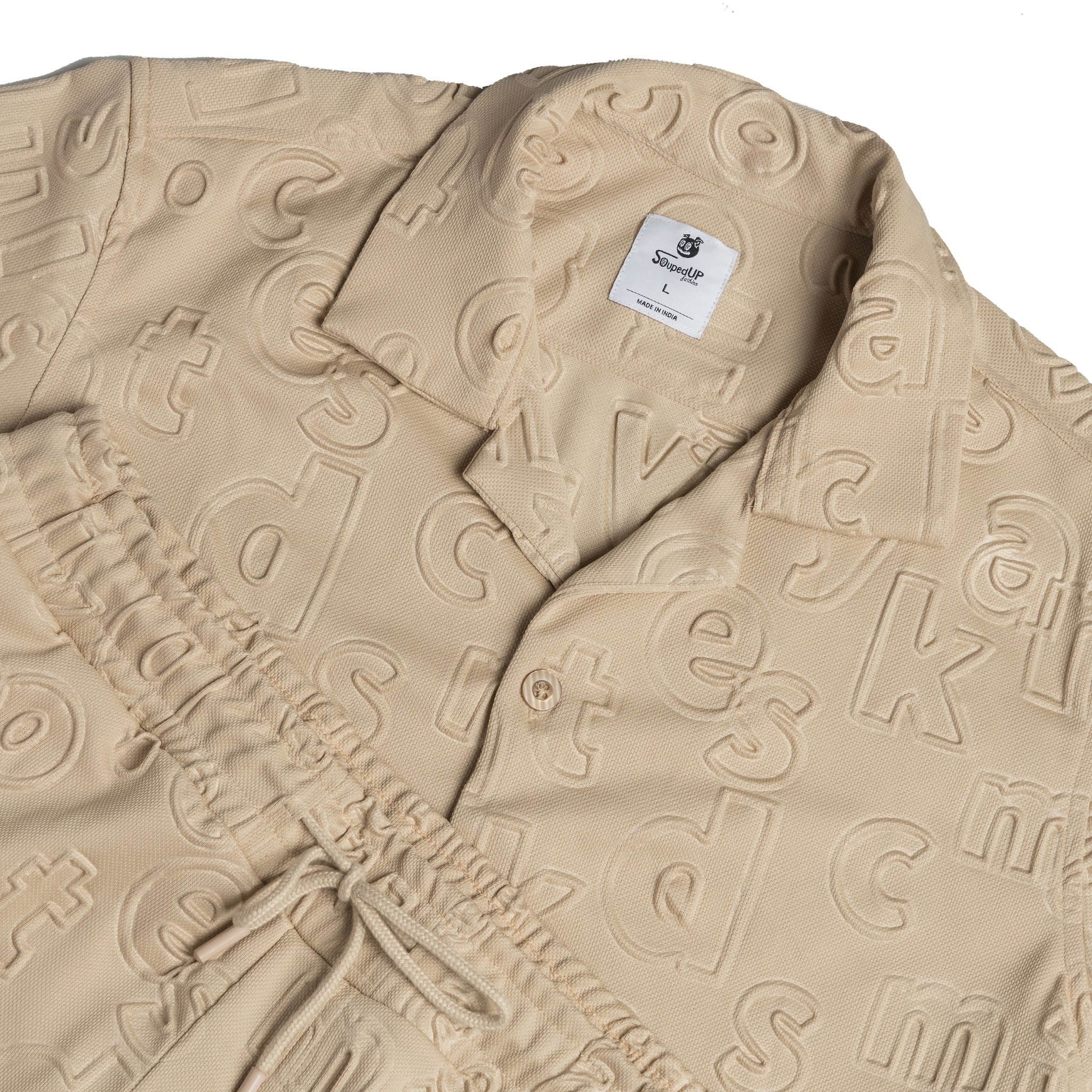 Peppy Pair Embossed Beige Half Sleeves Shirt & Shorts Co-Ord Set - Image 2