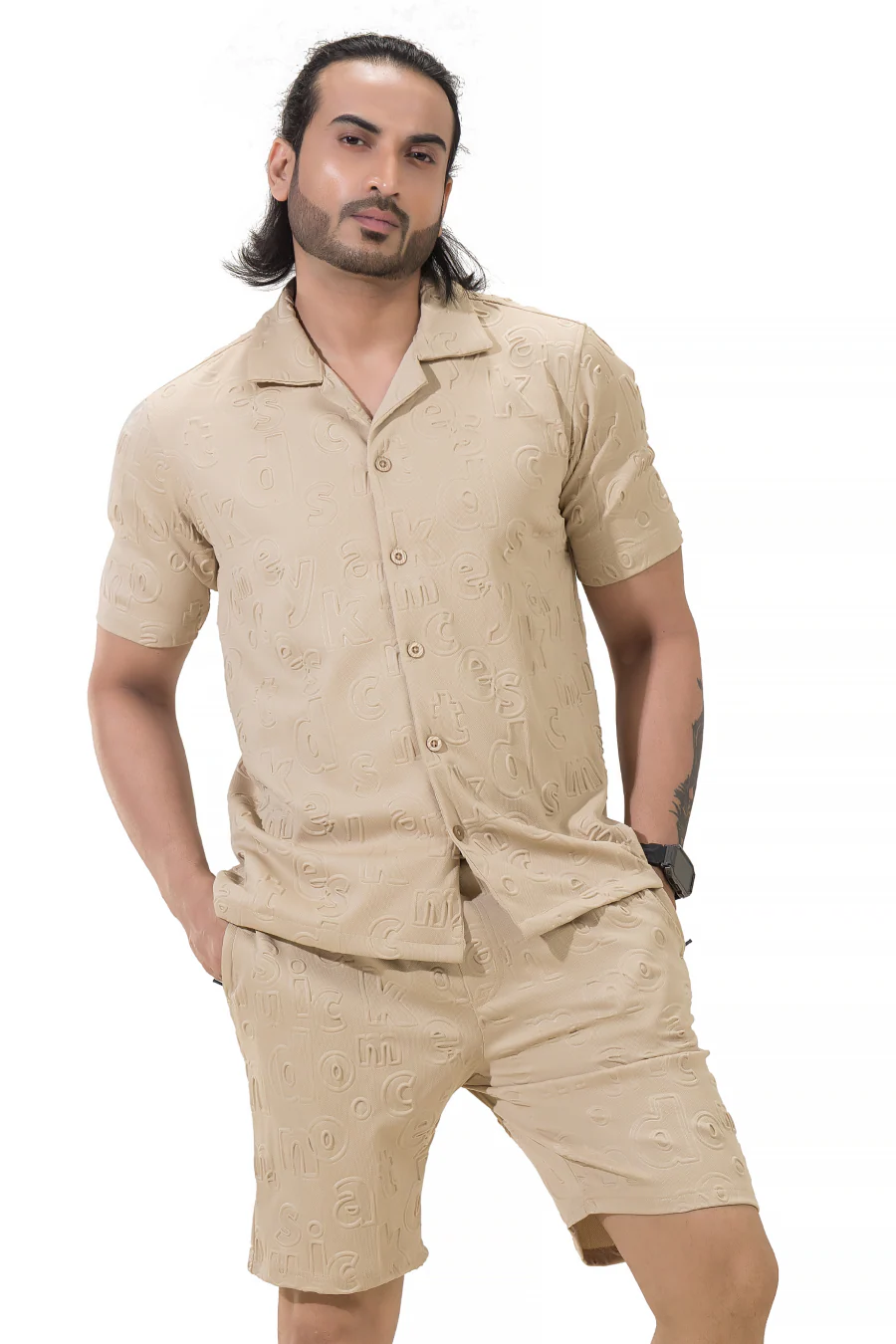 Peppy Pair Embossed Beige Half Sleeves Shirt & Shorts Co-Ord Set - Image 4