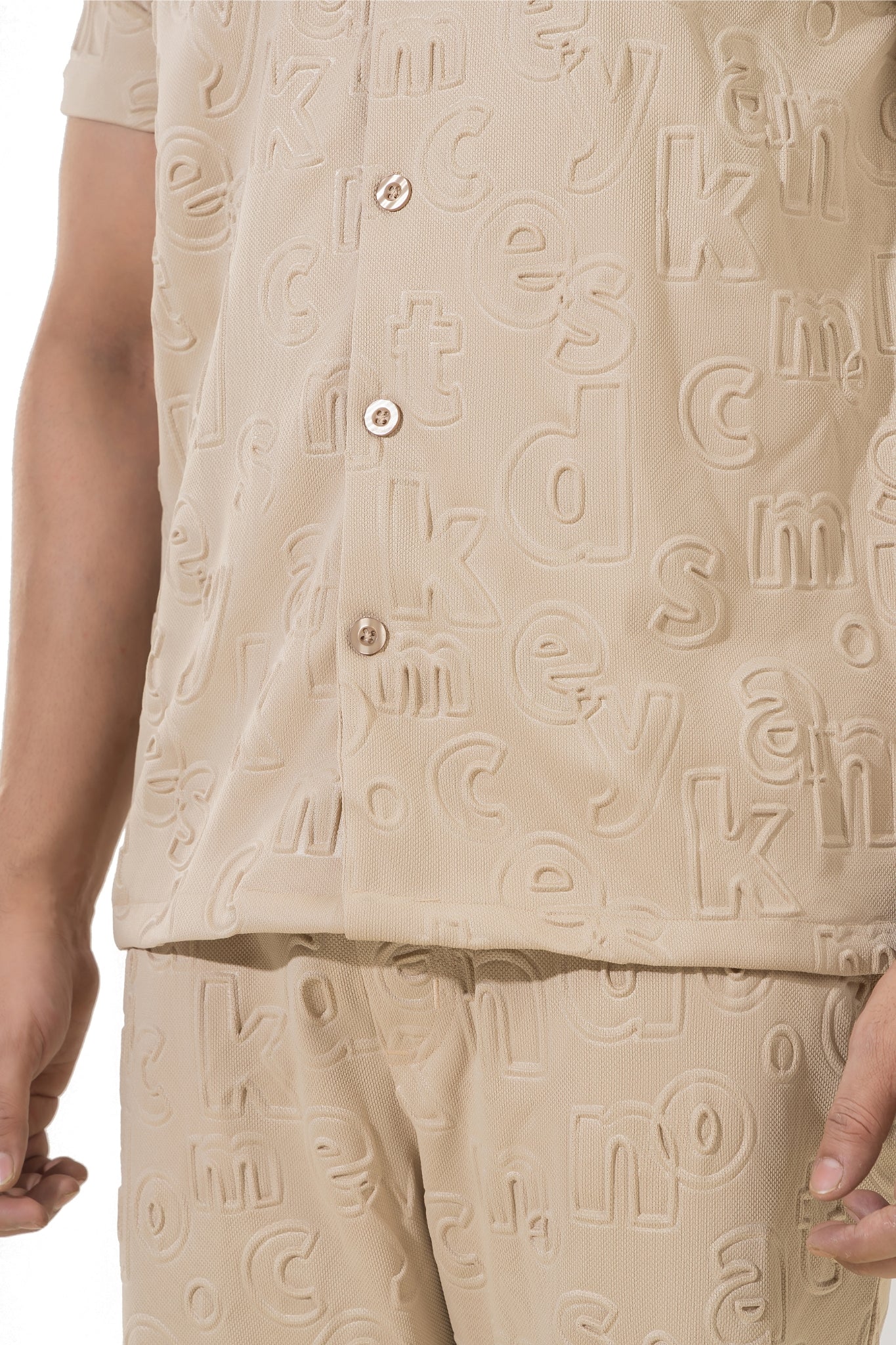Peppy Pair Embossed Beige Half Sleeves Shirt & Shorts Co-Ord Set - Image 5